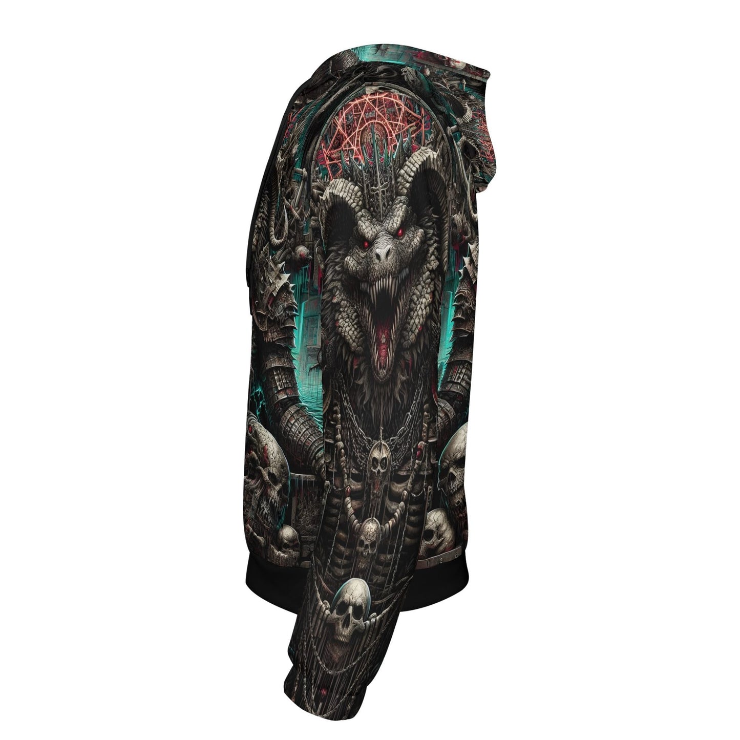 Side view of Mythical Monsters Ammit Poly French Terry Hoodie by Loud and Lethal with dark mythical monster design