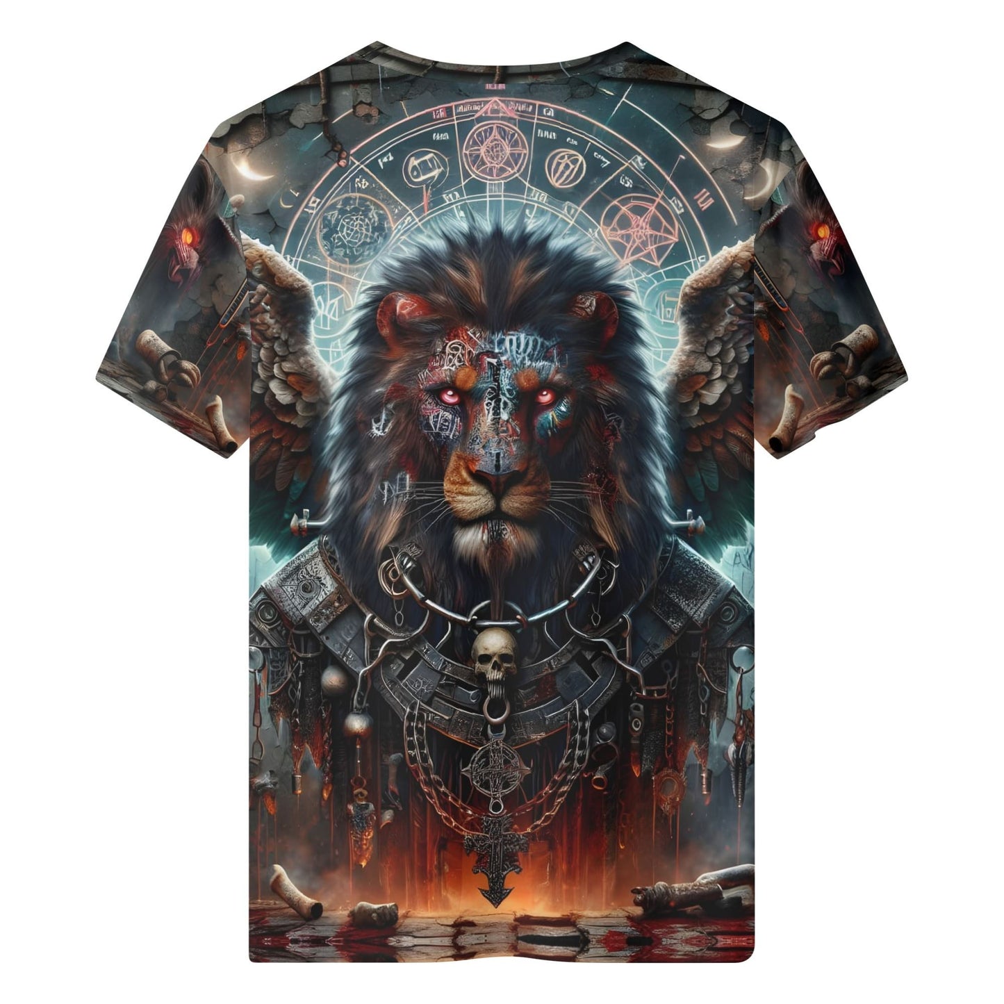 Mythical Monsters Anzu Organic Cotton T-Shirt featuring a detailed winged lion with mystical symbols and dark fantasy design