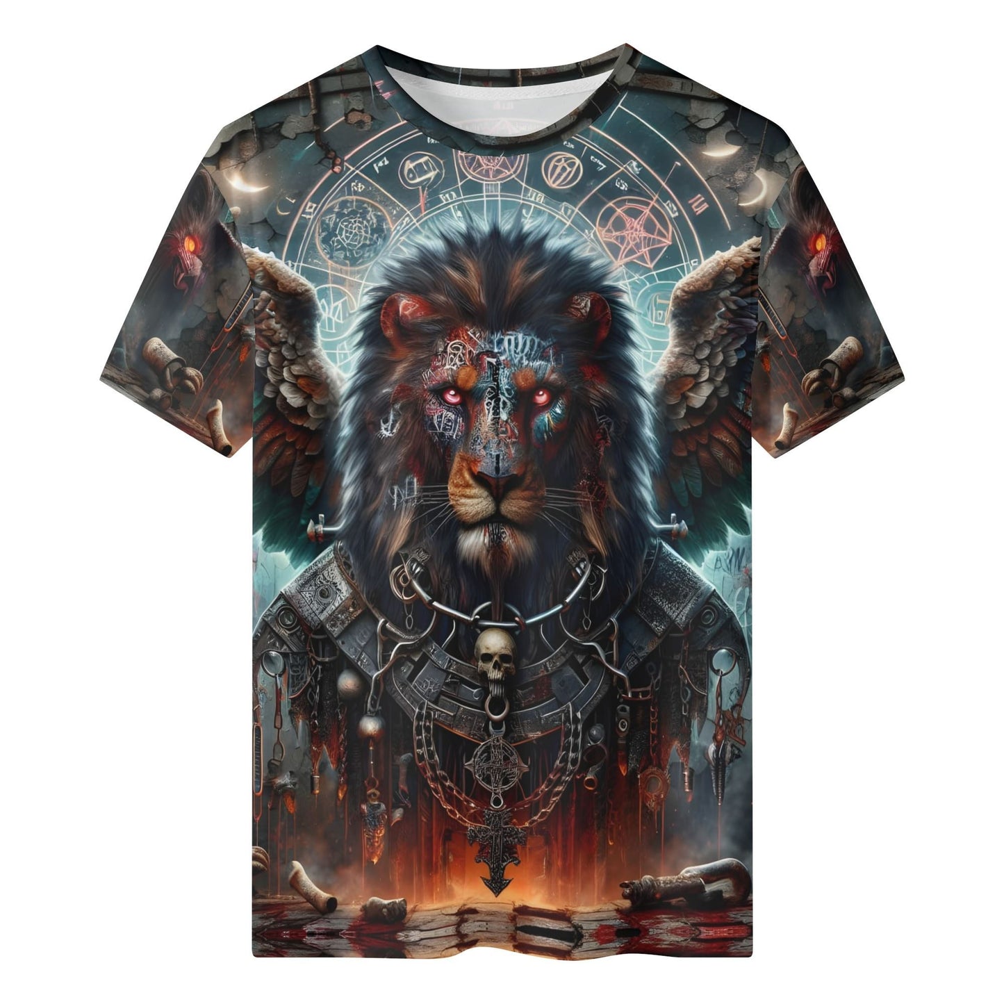 Mythical Monsters Anzu Organic Cotton T-Shirt featuring a detailed winged lion design with mystical symbols