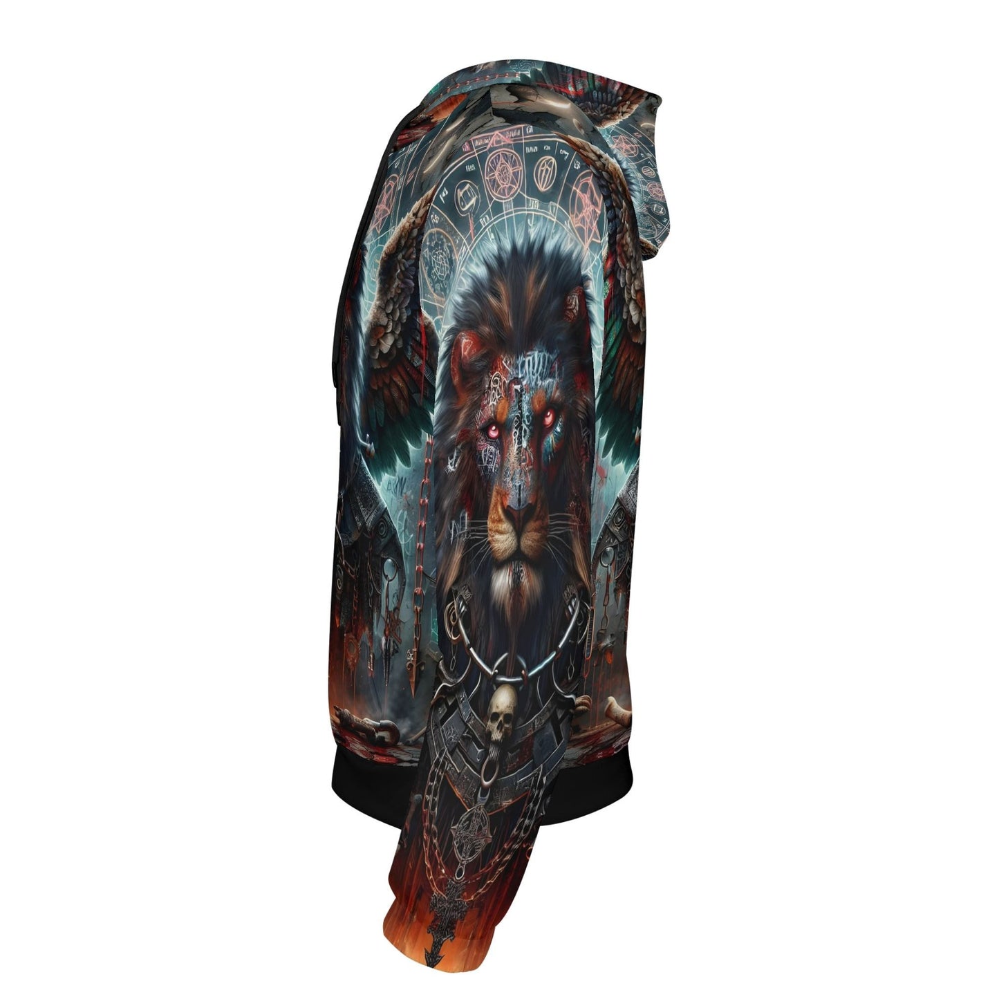 Side view of Loud and Lethal Mythical Monsters Anzu Poly French Terry Hoodie with graphic lion and mystical designs