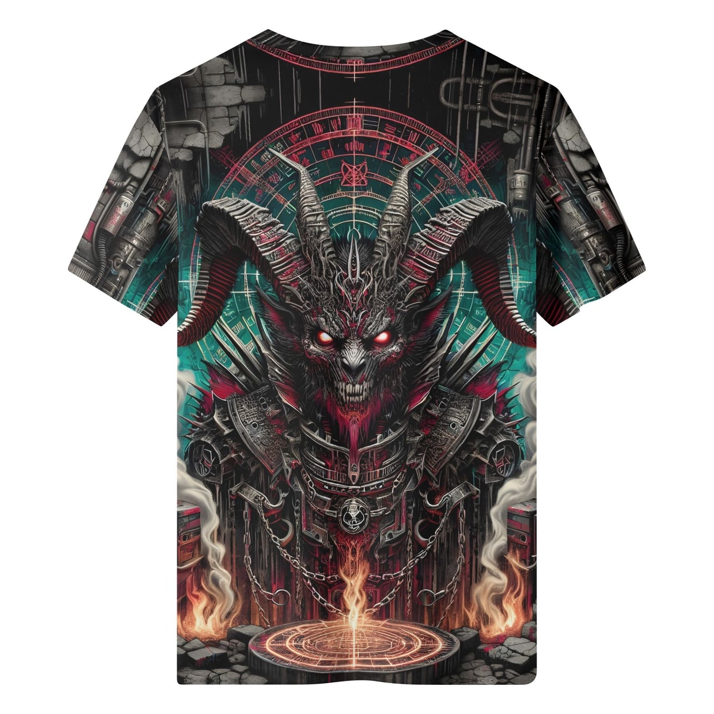 Mythical Monsters Baphomet Organic Cotton T-Shirt featuring a dark demonic goat design with glowing eyes and fiery background