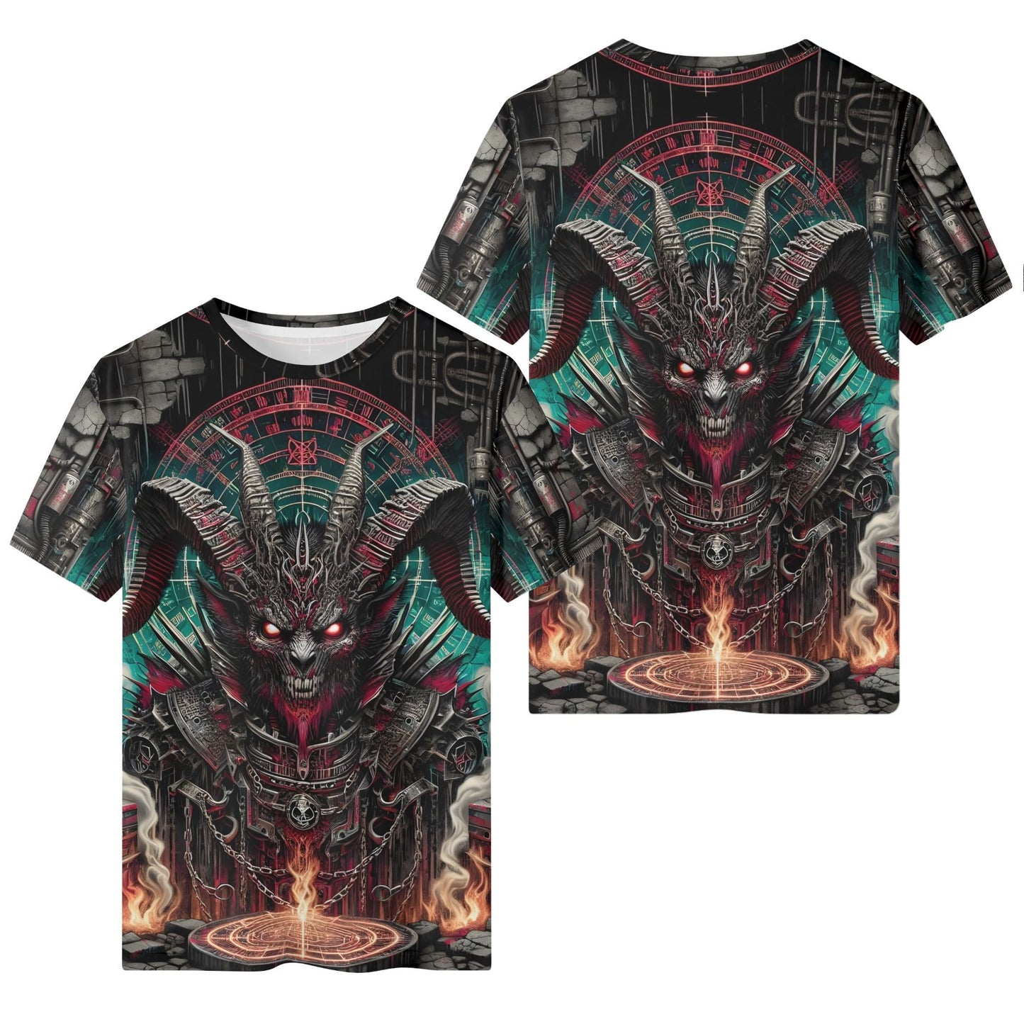 Mythical Monsters Baphomet Organic Cotton T-Shirt featuring detailed demonic artwork with glowing eyes and fiery symbols