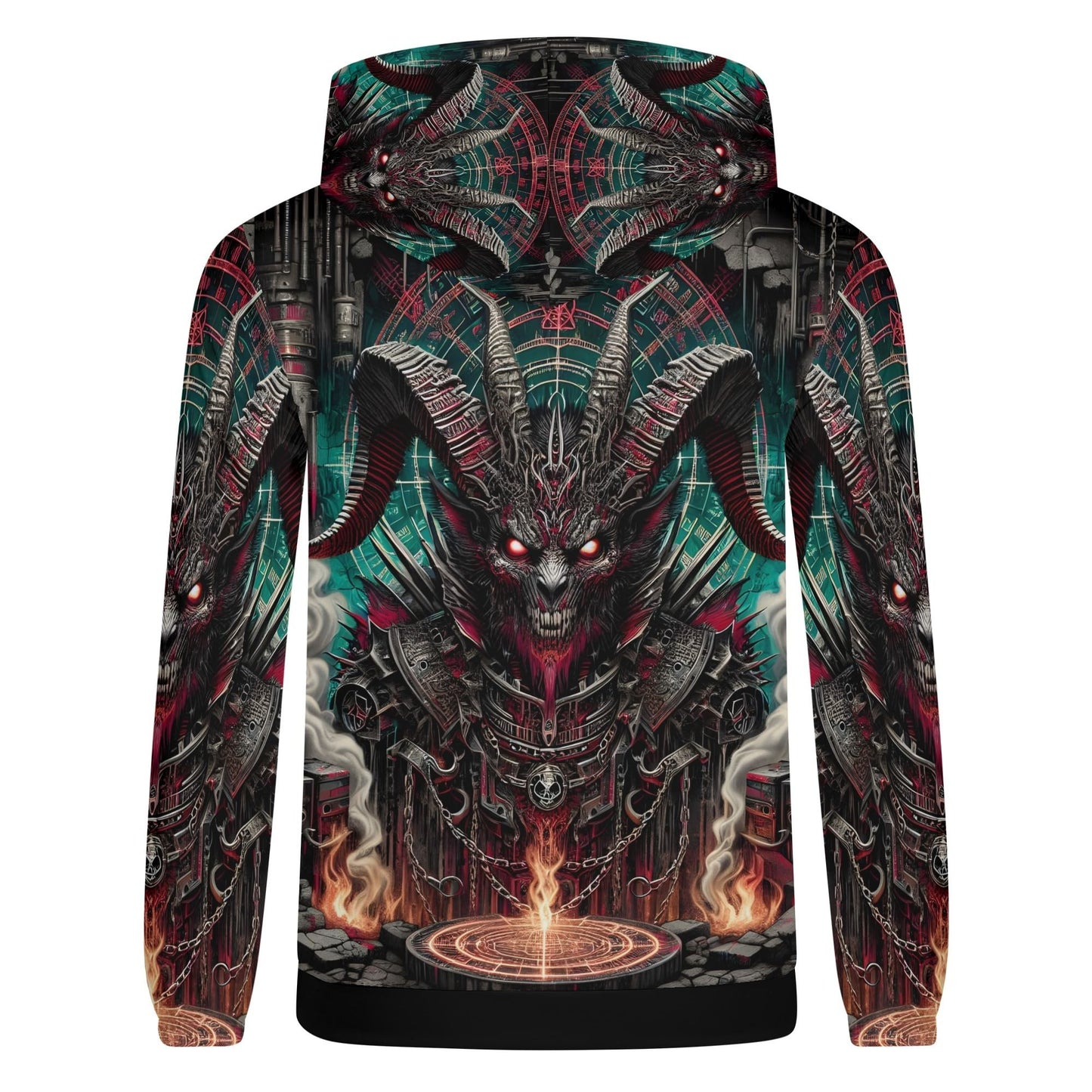 Mythical Monsters Baphomet Poly French Terry Hoodie with dark demonic horned creature design on a unisex hoodie