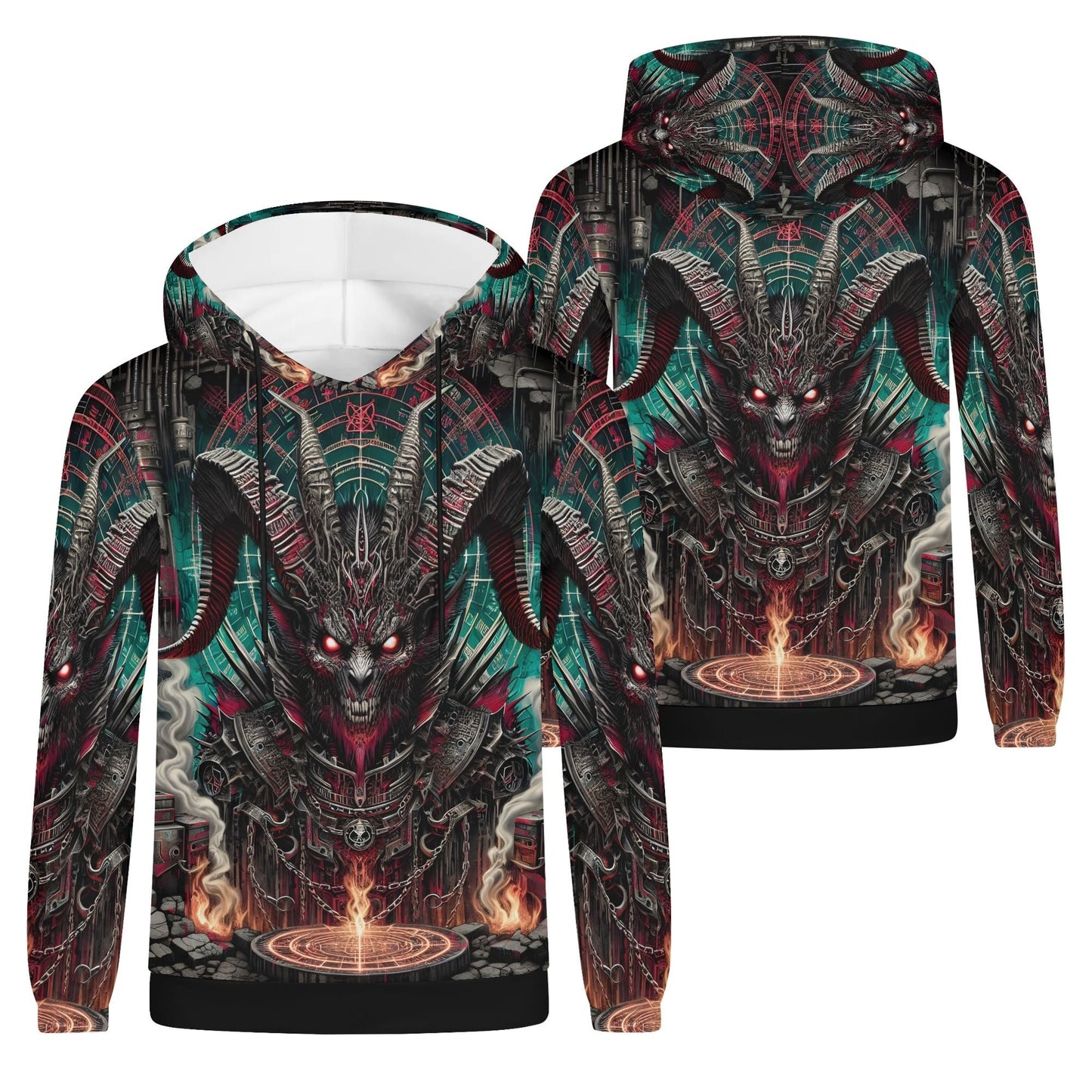Mythical Monsters Baphomet Poly French Terry Hoodie with dark demon design and fiery magical circle