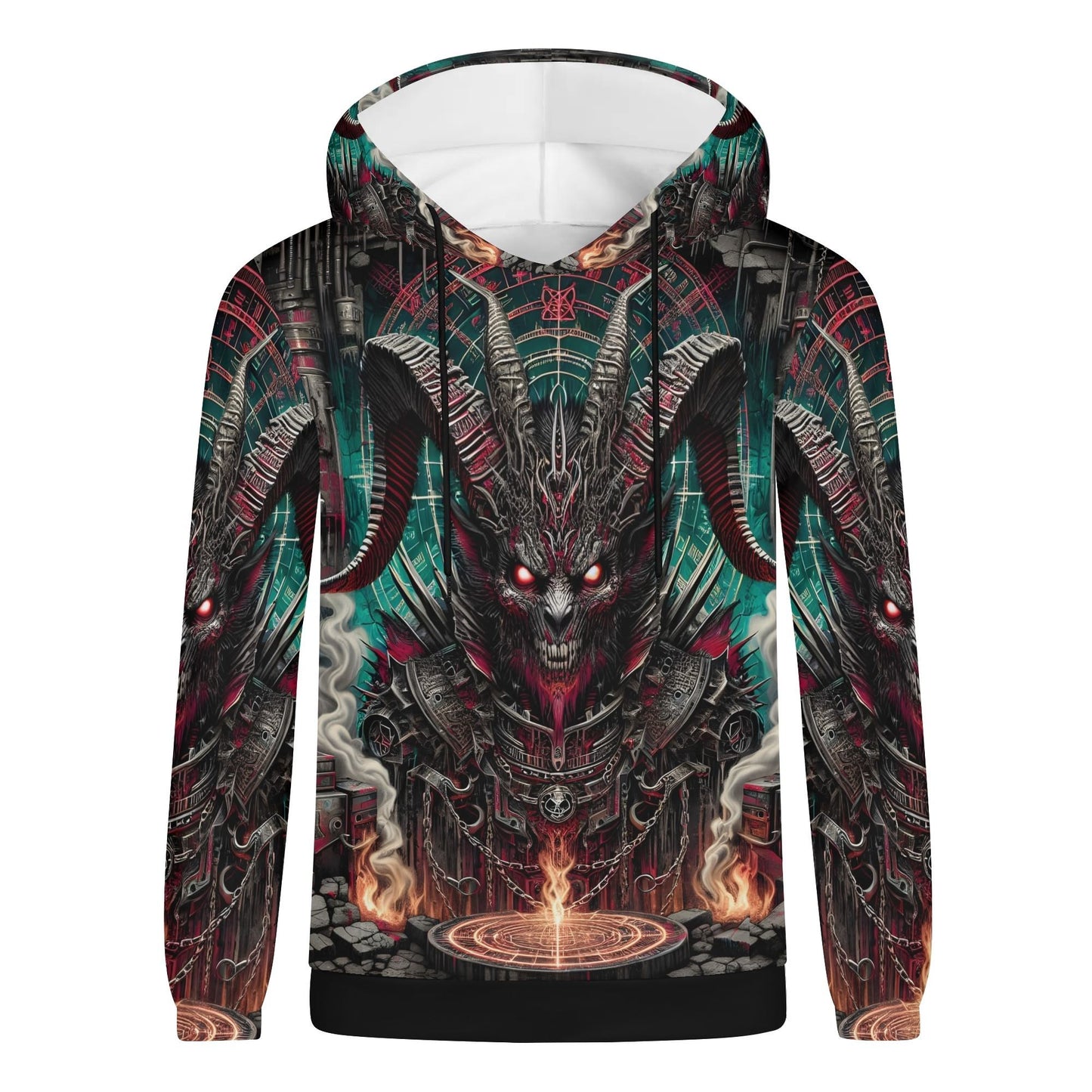 Mythical Monsters Baphomet Poly French Terry Hoodie featuring dark demonic artwork with red glowing eyes and horns