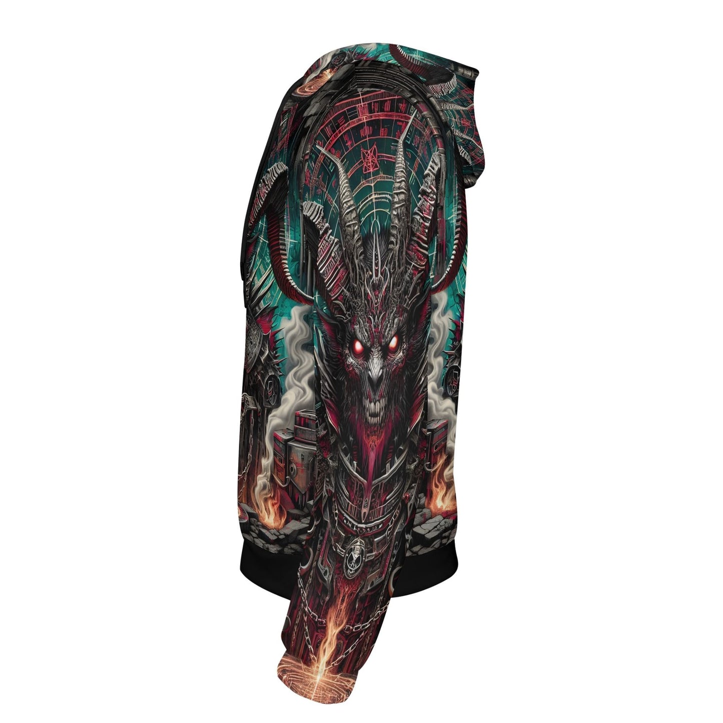 Side view of Loud and Lethal Mythical Monsters Baphomet Poly French Terry Hoodie with detailed dark fantasy design