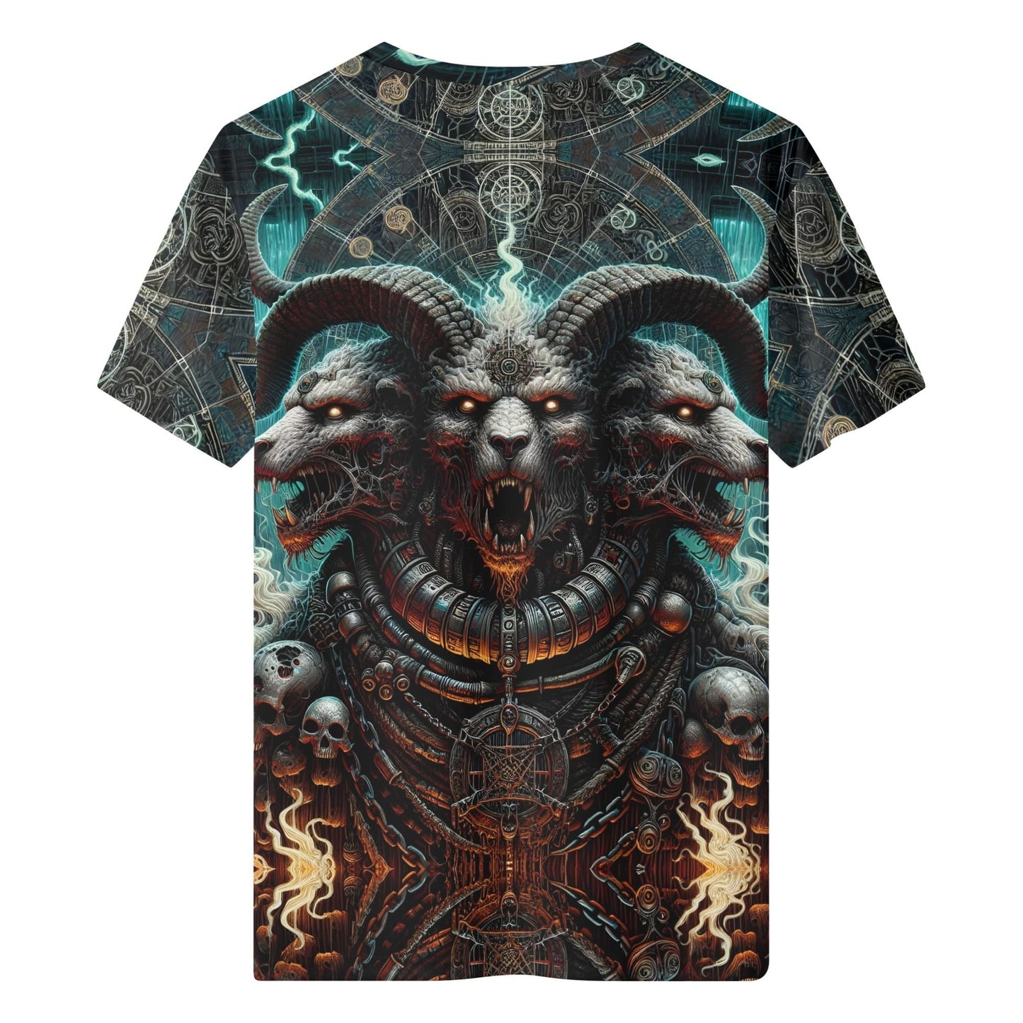 Mythical Monsters Cerberus 100% Cotton T-Shirt featuring a detailed three-headed Cerberus with horns and mystical symbols