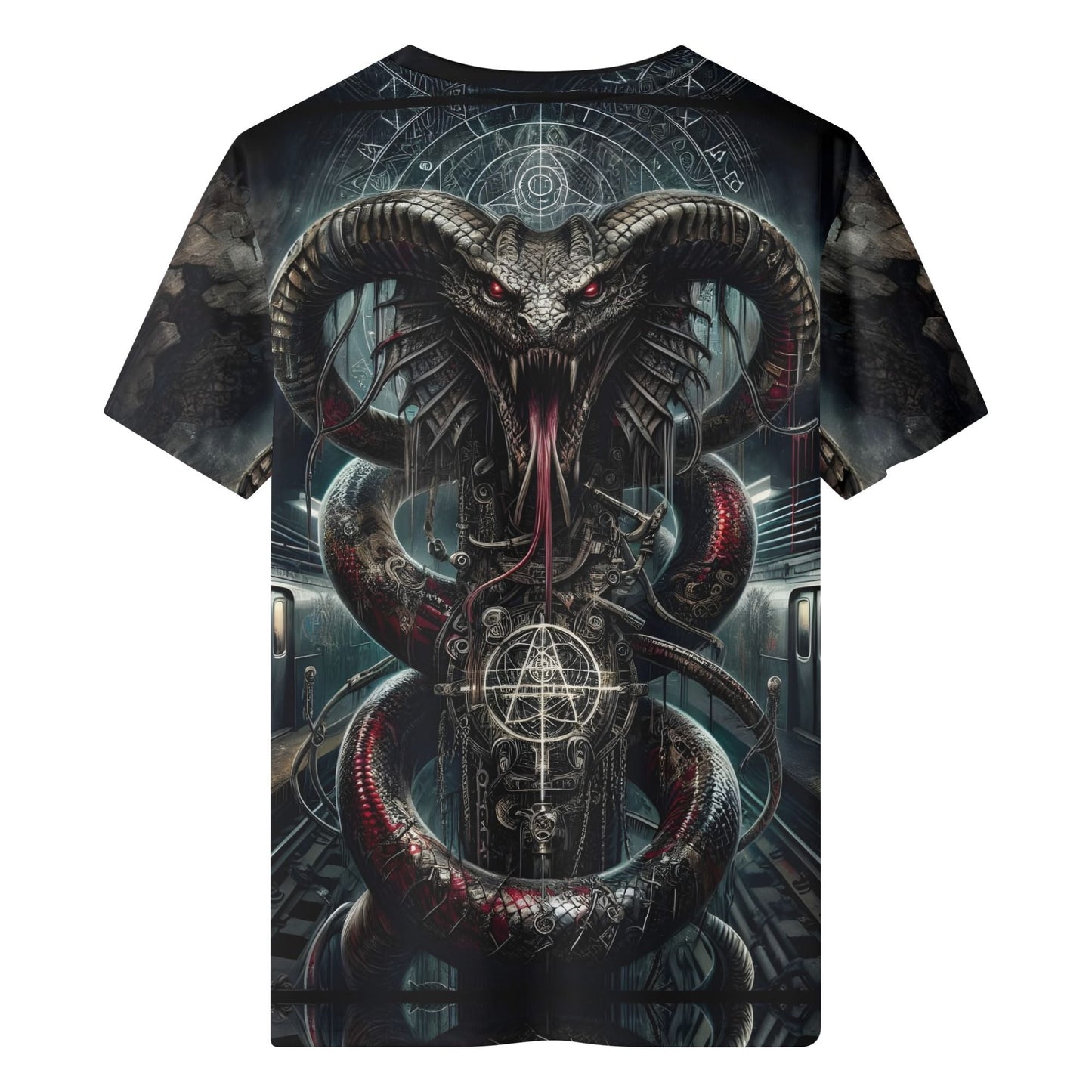 Mythical Monsters Jormungandr 100% Cotton T-Shirt featuring dark serpent with glowing red eyes and intricate magical symbols