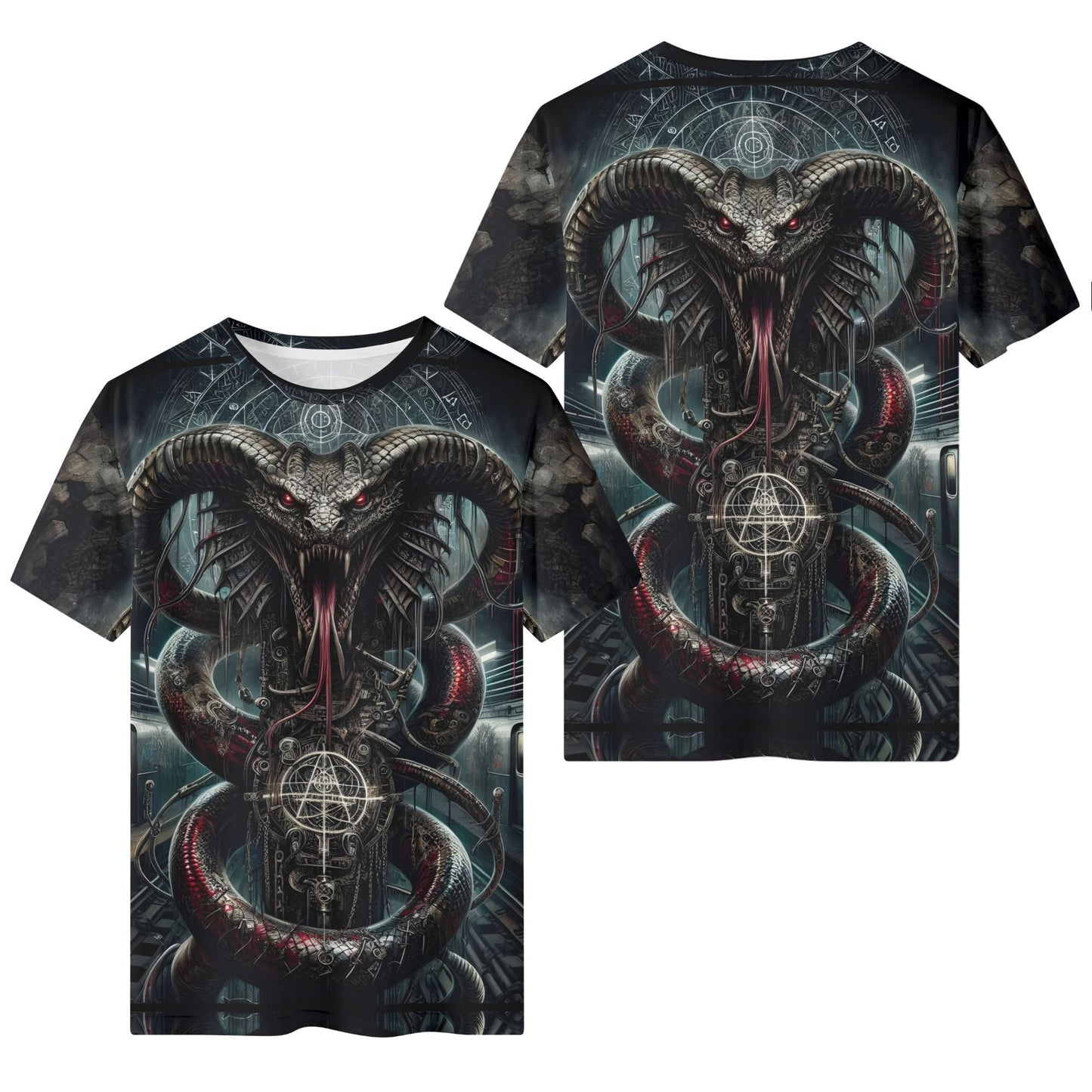 Mythical Monsters Jormungandr 100% Cotton T-Shirt featuring dark serpent design with red eyes and mystical symbols