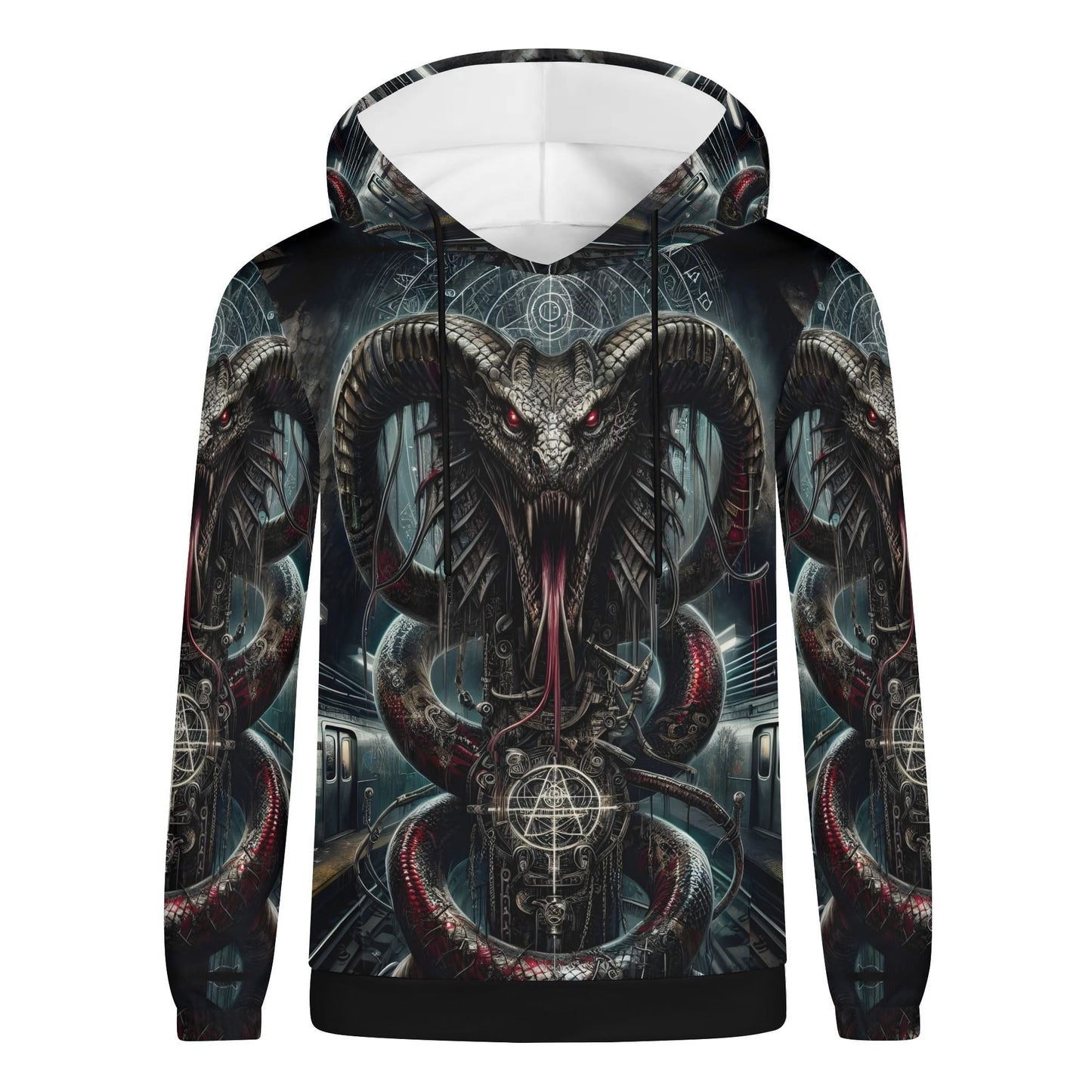 Mythical Monsters Jormungandr Poly French Terry Hoodie with detailed dark serpent design and red eyes