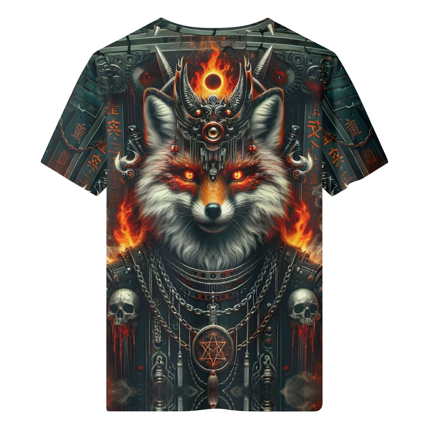 Mythical Monsters Kitsune 100 Cotton T-Shirt featuring fiery fox design with skulls and chains