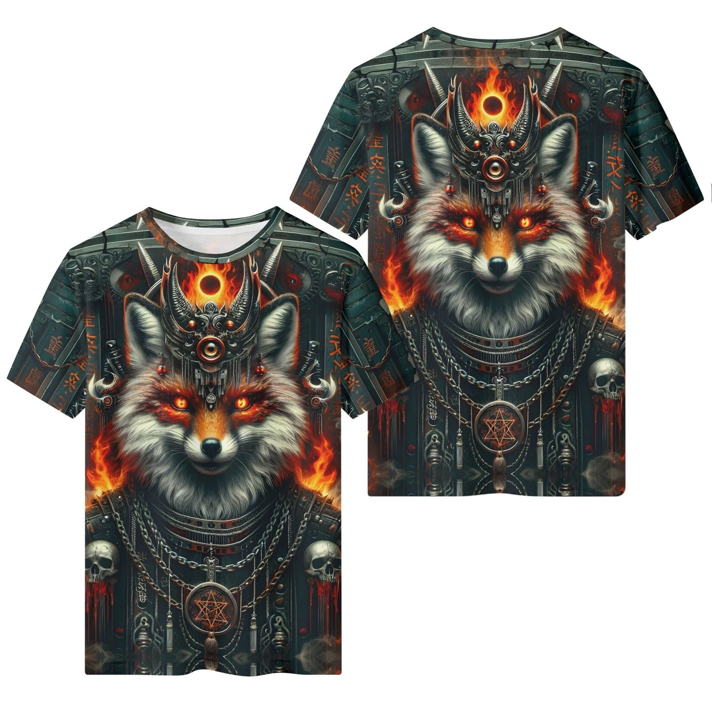 Mythical Monsters Kitsune 100 Cotton T-Shirt featuring fiery fox design with chains and skull details
