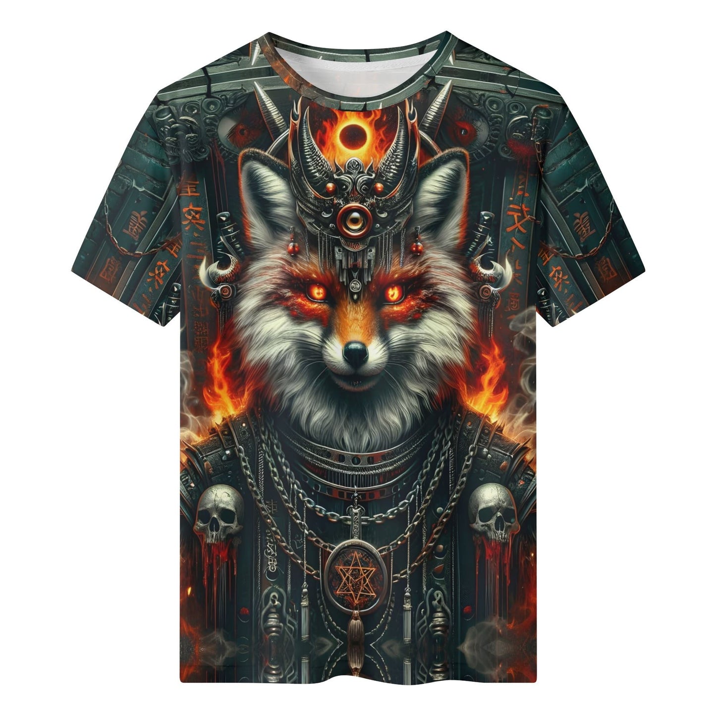 Mythical Monsters Kitsune 100 Cotton T-Shirt featuring fiery fox warrior with intricate armor and skulls