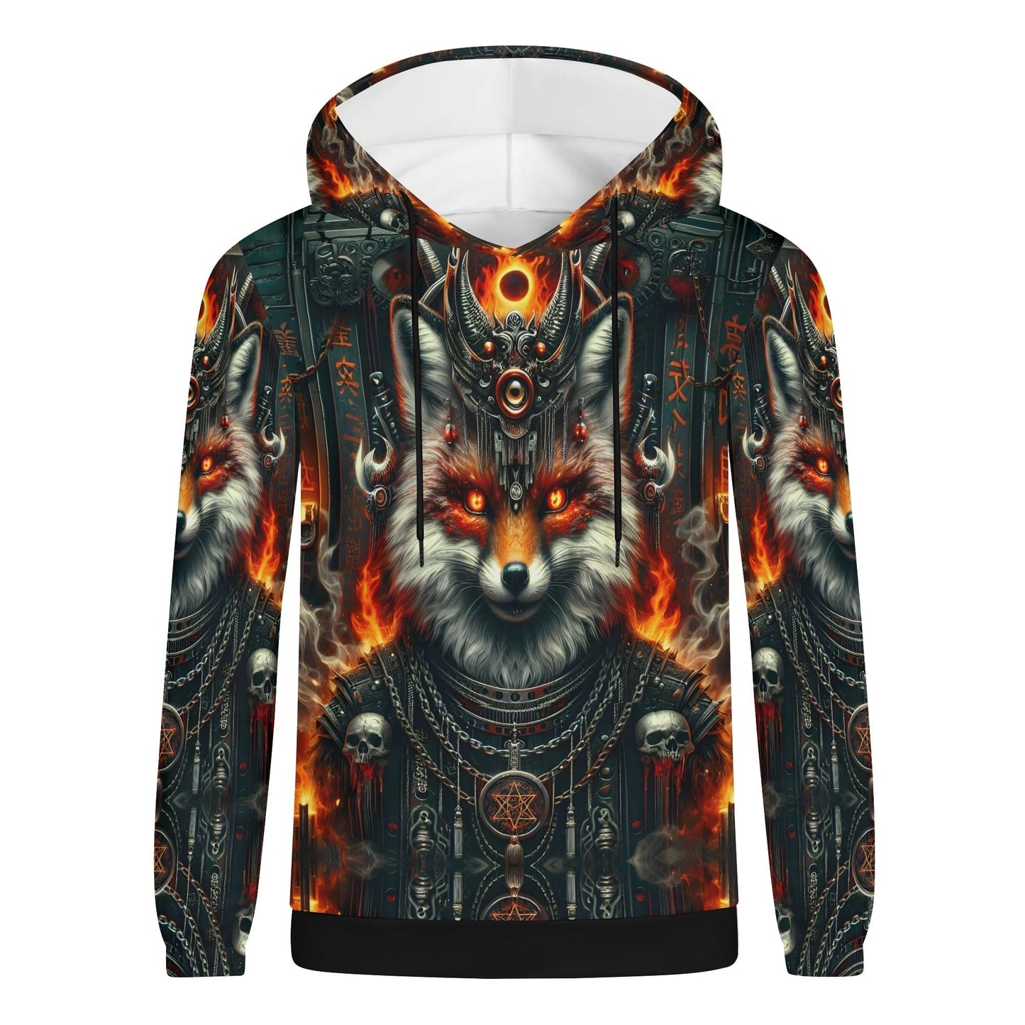 Mythical Monsters Kitsune Poly French Terry Hoodie by Loud and Lethal with fiery fox and skull design