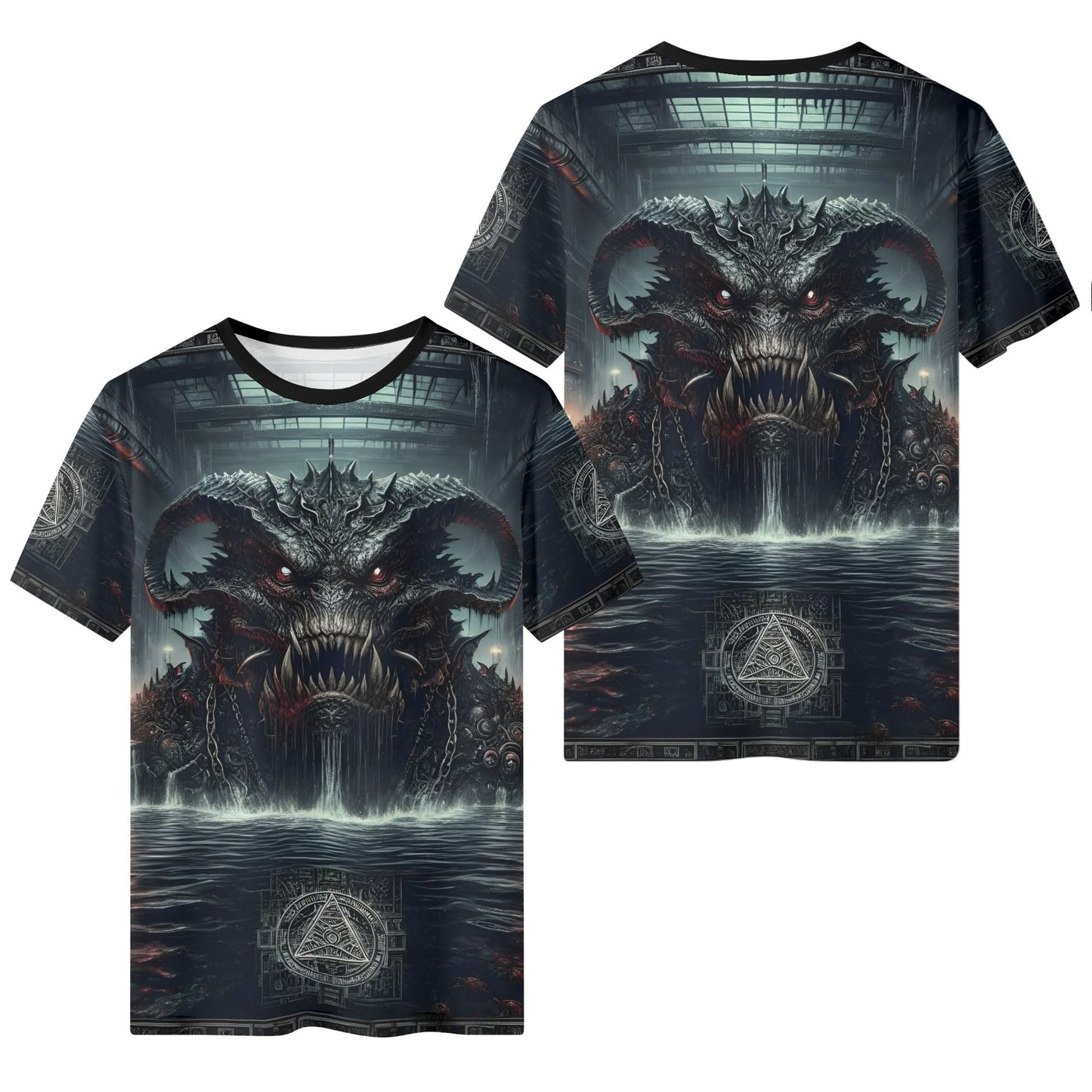 Mythical Monsters Leviathan Organic Cotton T-Shirt featuring a dark sea monster graphic on front and back