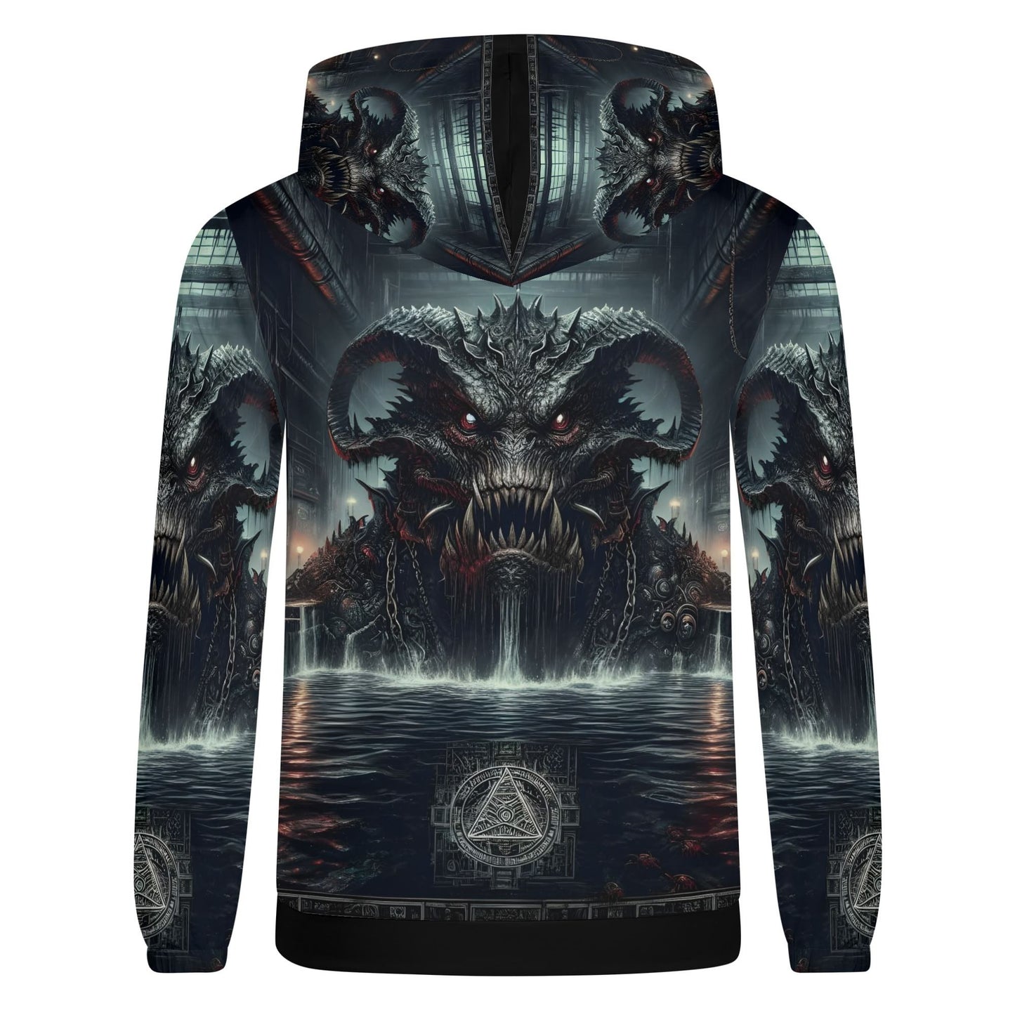 Mythical Monsters Leviathan Poly French Terry Hoodie with dark monstrous design and water scene on back