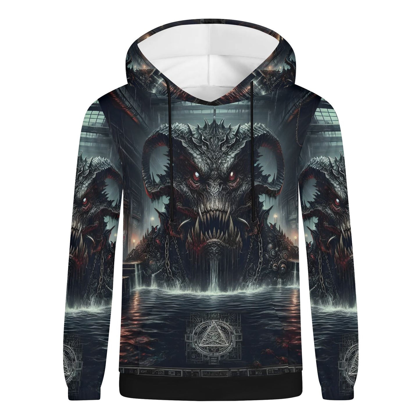Mythical Monsters Leviathan Poly French Terry Hoodie featuring a dark leviathan monster design with detailed scales and menacing eyes