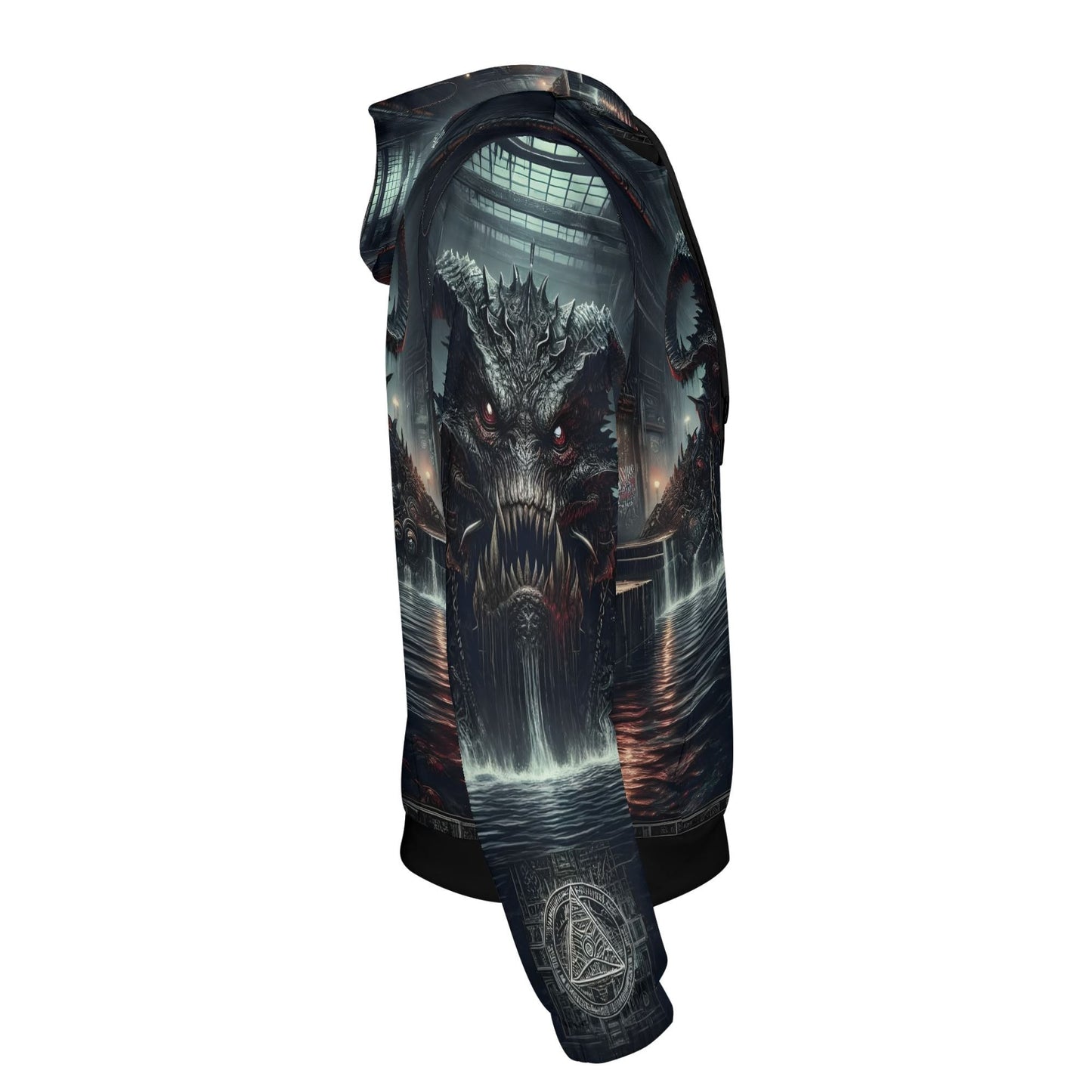 Side view of Loud and Lethal Mythical Monsters Leviathan Poly French Terry Hoodie featuring detailed sea monster graphic