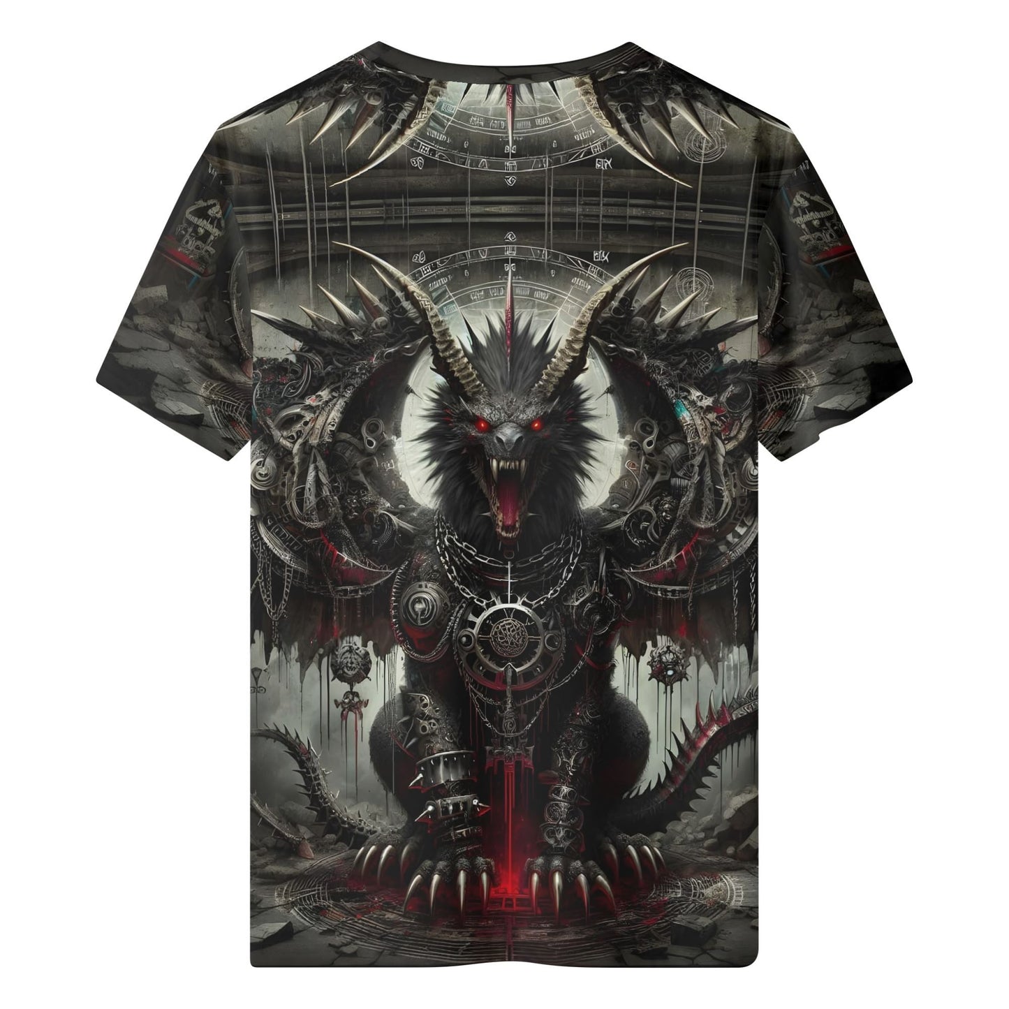Mythical Monsters Manticore Organic Cotton T-Shirt featuring a dark fantasy creature with red eyes and mechanical armor