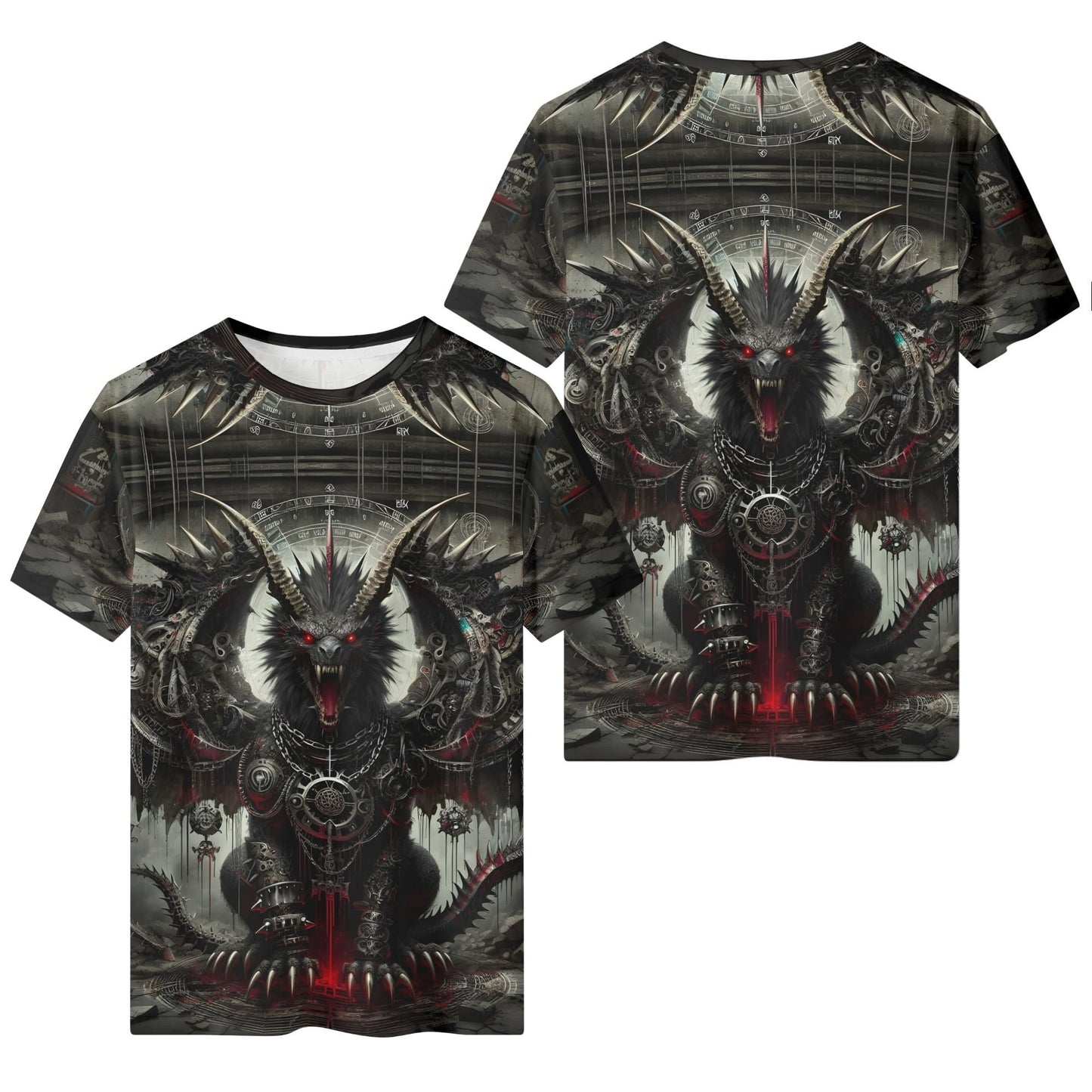 Mythical Monsters Manticore Organic Cotton T-Shirt featuring a dark, detailed manticore design with red eyes on front and back