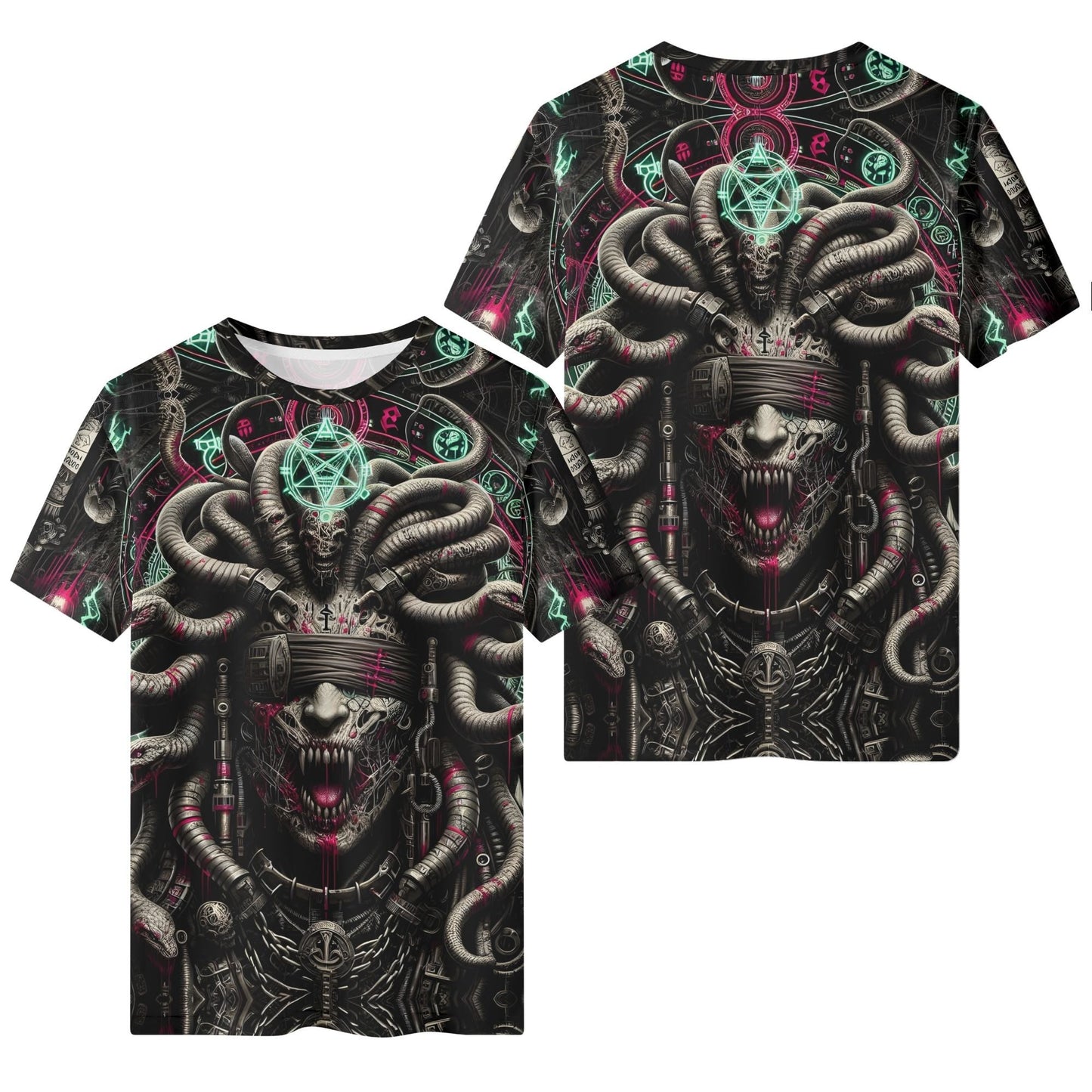 Mythical Monsters Medusa Organic Cotton T-Shirt featuring dark Medusa artwork with snakes and mystical symbols