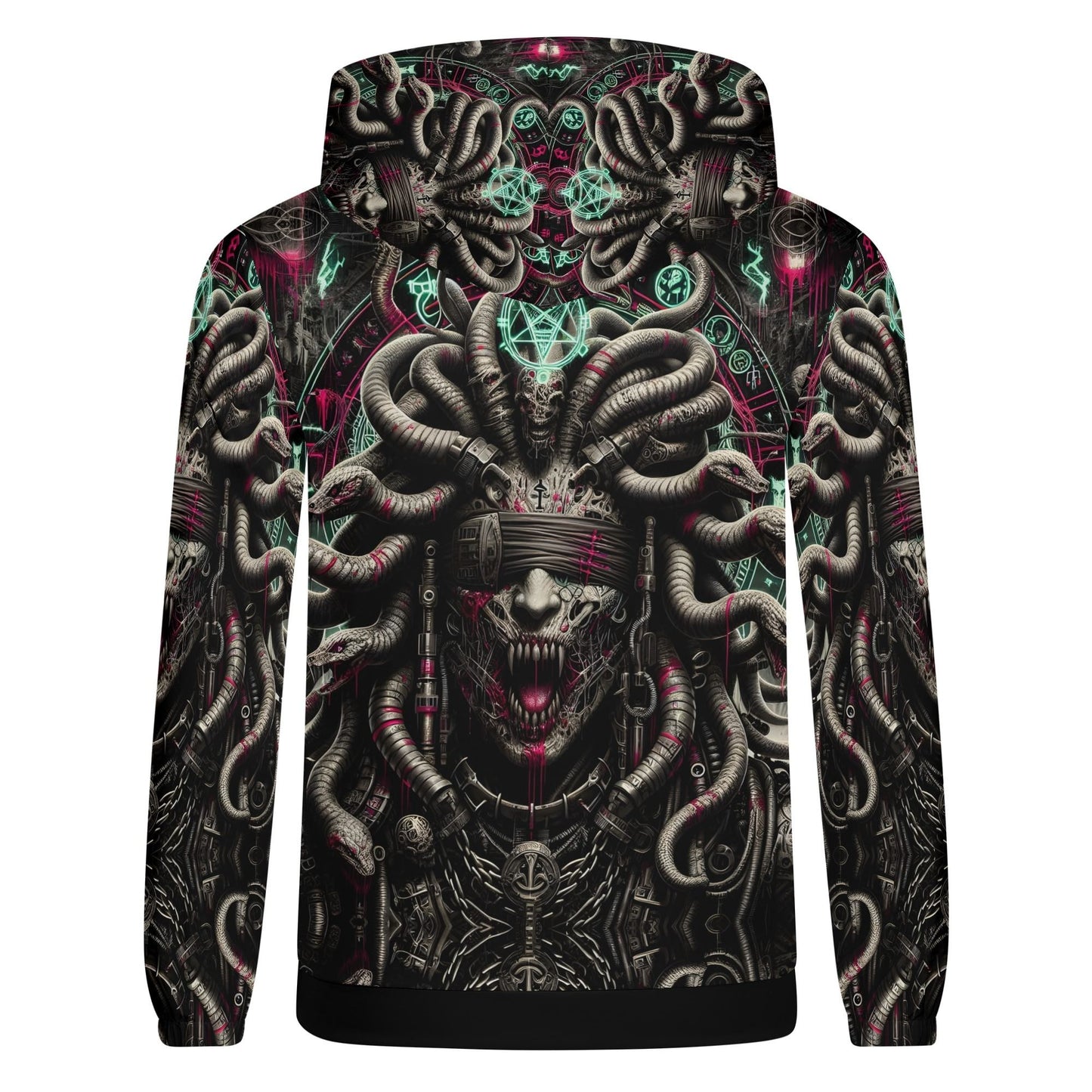 Mythical Monsters Medusa Poly French Terry Hoodie with dark intricate Medusa design and vivid neon accents