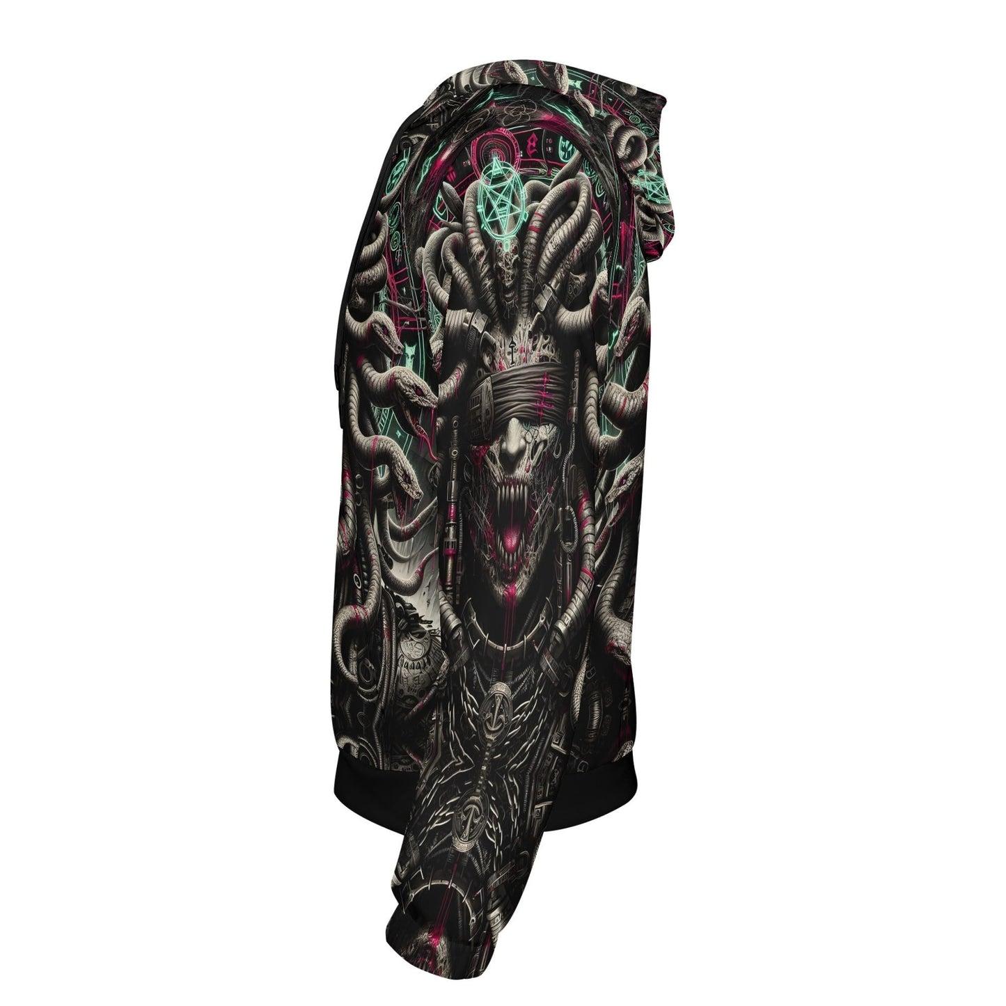 Side view of Loud and Lethal Mythical Monsters Medusa Poly French Terry Hoodie with dark, intricate monster design