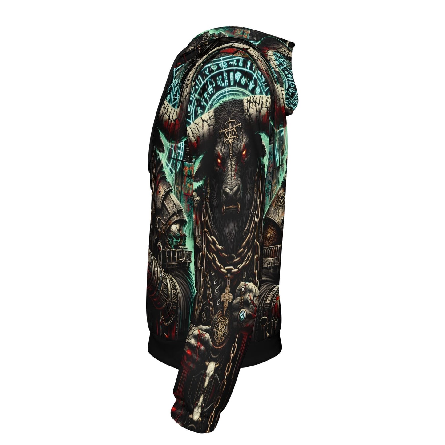 Side view of Loud and Lethal Mythical Monsters Minotaur Poly French Terry Hoodie with detailed minotaur and runic design