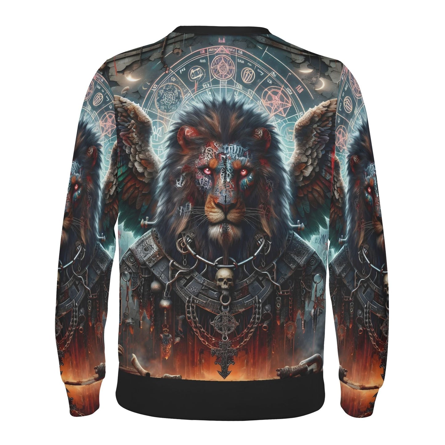 Loud and Lethal Mythical Monsters Anzu Poly French Terry Sweatshirt featuring winged lion with occult symbols chains and skulls