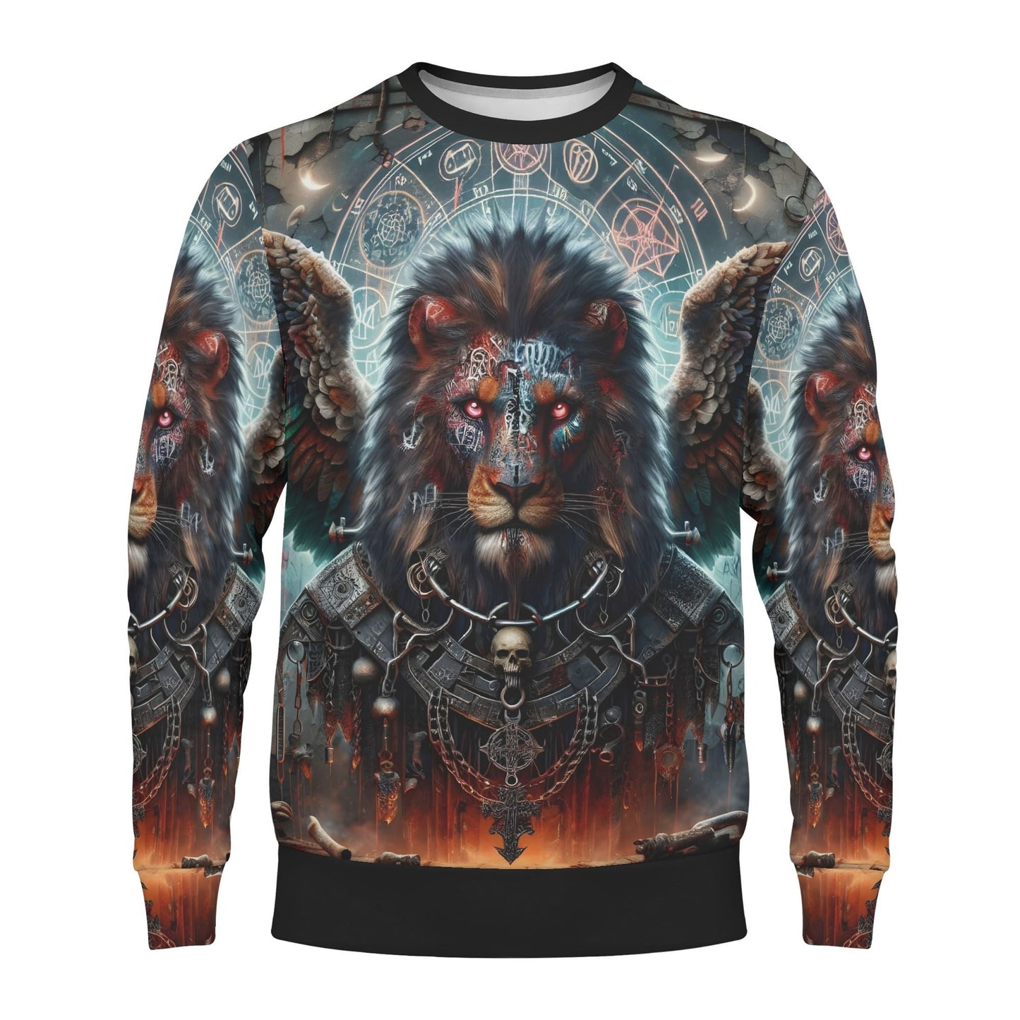 Mythical Monsters Anzu Poly French Terry Sweatshirt unisex Loud and Lethal winged lion print with skulls and fiery background