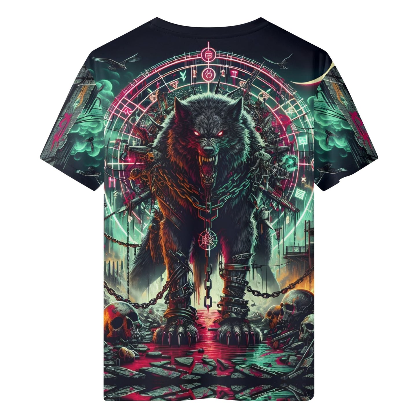 Mythical Monsters Fenrir Lycra T-Shirt by Loud and Lethal showing a chained glowing eyed wolf with runes and skulls