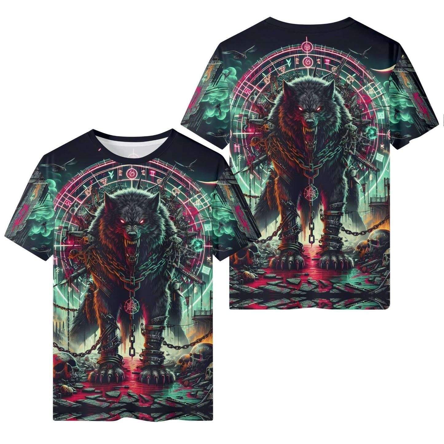 Mythical Monsters Fenrir Lycra T-Shirt by Loud and Lethal unisex tee with chained glowing Fenrir wolf artwork