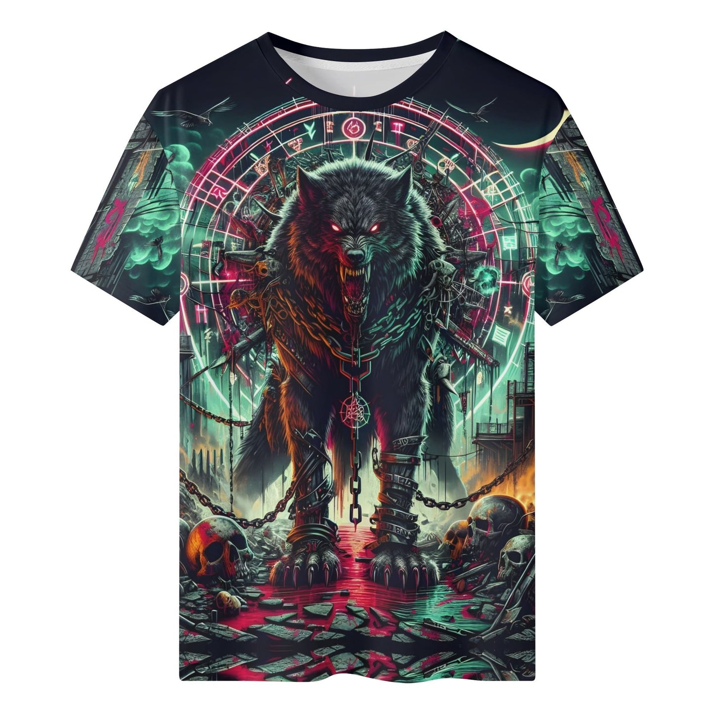 Mythical Monsters Fenrir Lycra T-Shirt by Loud and Lethal unisex graphic tee with chained red eyed wolf and occult circle