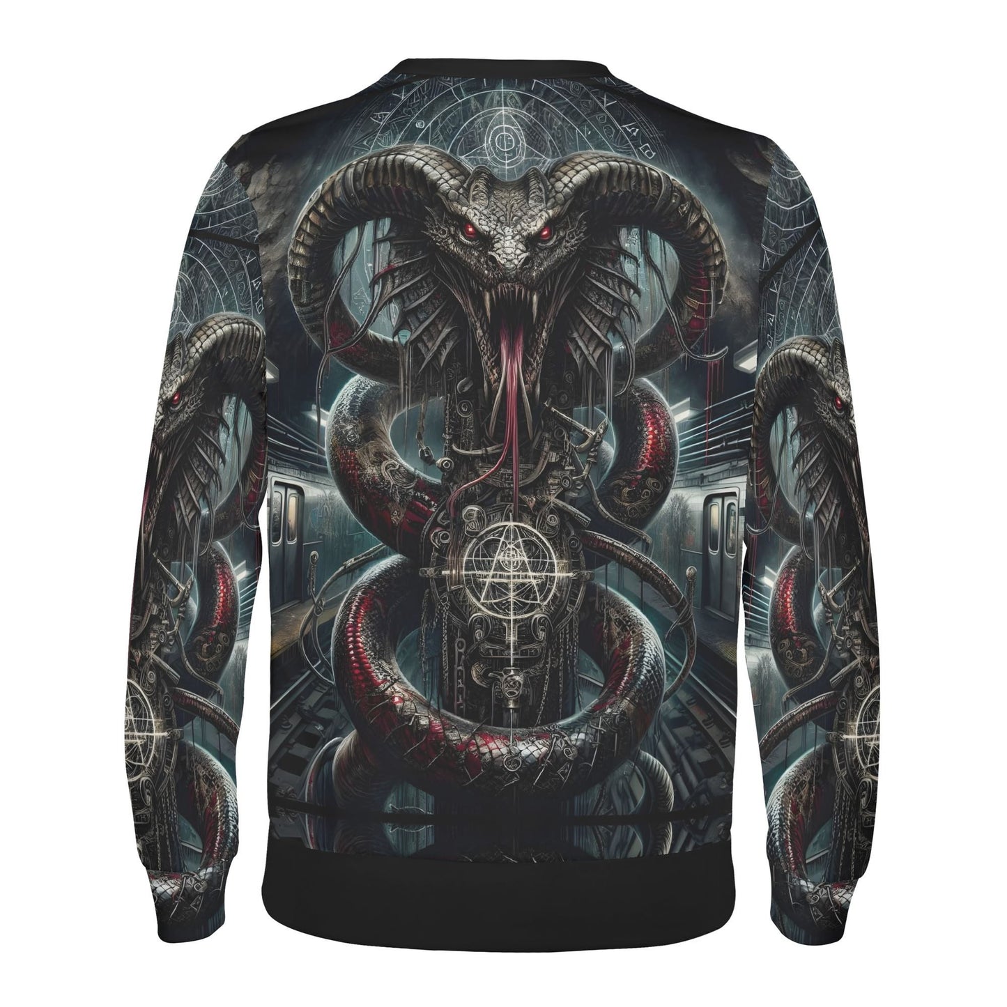 Mythical Monsters Jormungandr Poly French Terry Sweatshirt unisex sweater with dark coiled serpent horned head and occult symbols