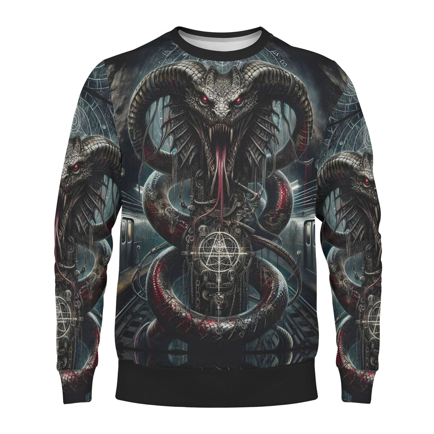 Mythical Monsters Jormungandr Poly French Terry Sweatshirt unisex black crewneck with all over serpent and ram horn skull design