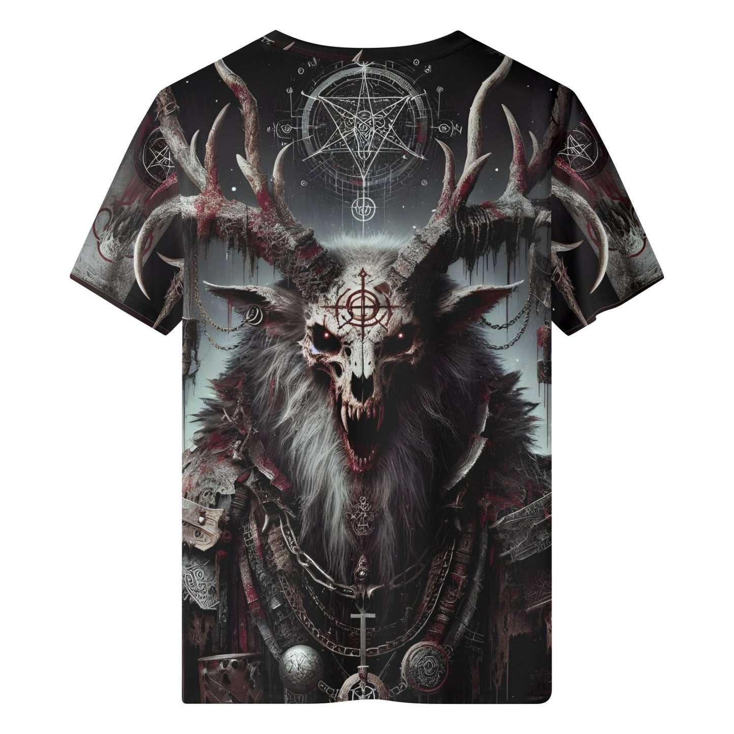 Mythical Monsters Wendigo Lycra T-Shirt featuring a dark, detailed wendigo creature with antlers and eerie symbols