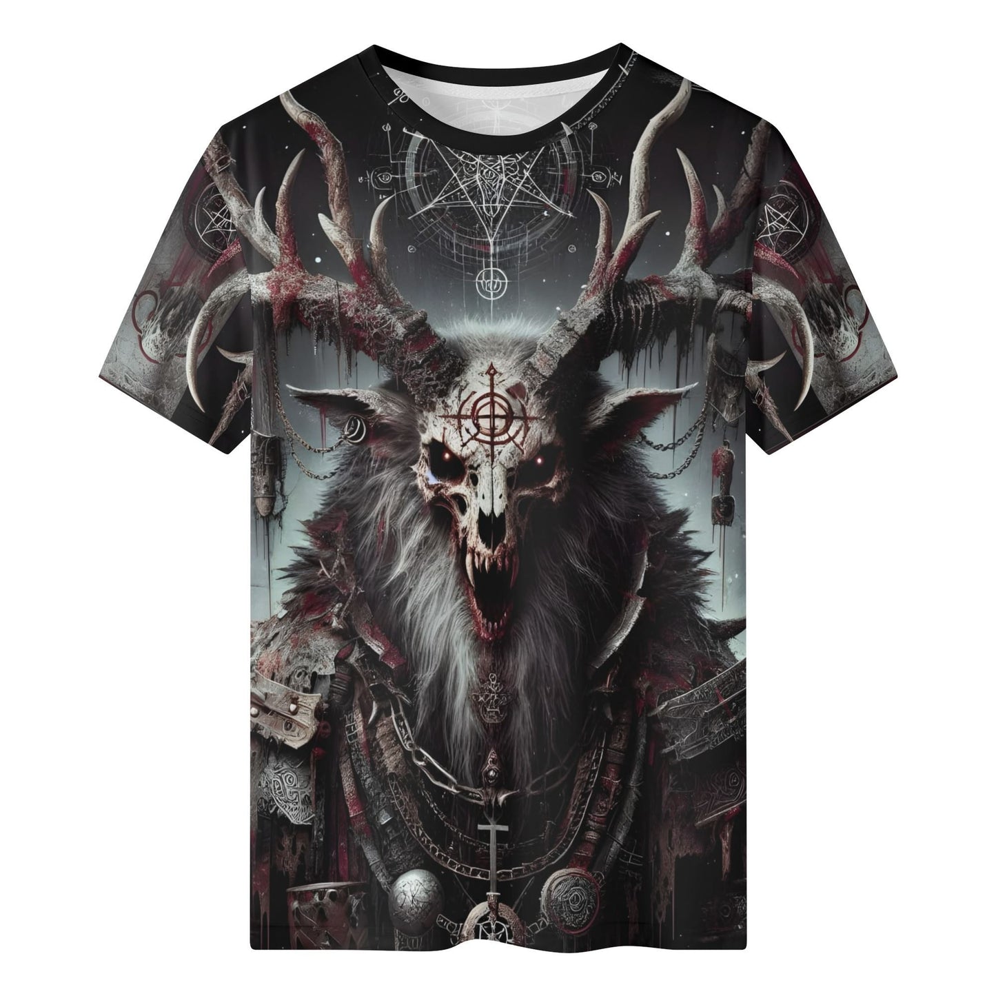 Mythical Monsters Wendigo Lycra T-Shirt featuring a dark, detailed Wendigo creature with antlers and occult symbols