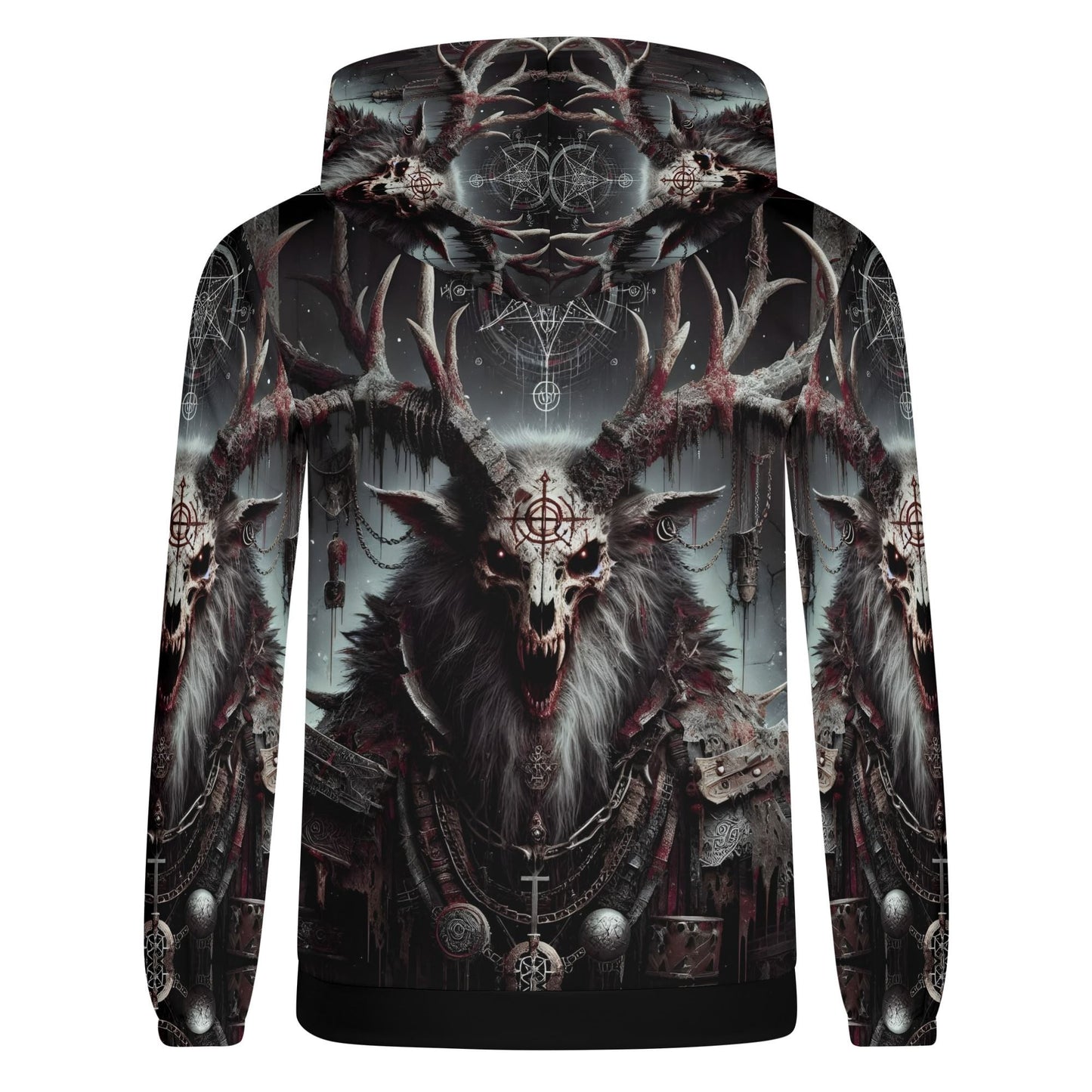 Mythical Monsters Wendigo Poly French Terry Hoodie featuring dark, intricate graphic of a Wendigo skull with antlers and occult symbols
