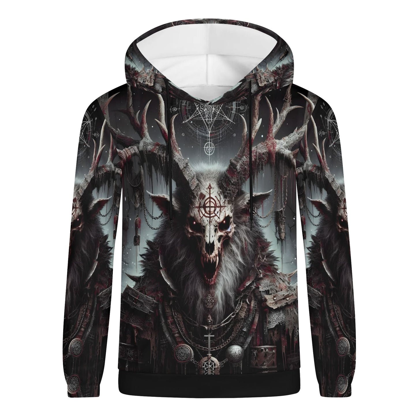 Mythical Monsters Wendigo Poly French Terry Hoodie with dark, detailed Wendigo skull and antlers design