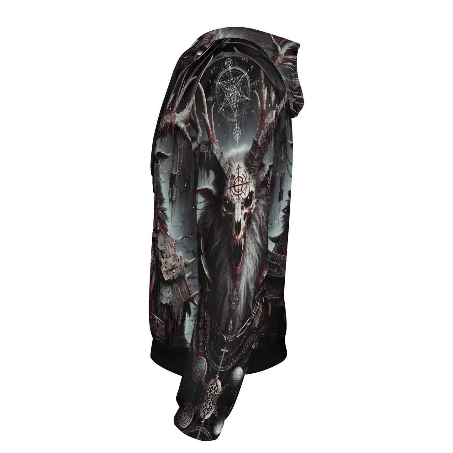 Side view of Loud and Lethal Mythical Monsters Wendigo Poly French Terry Hoodie with dark, detailed monster design and hood