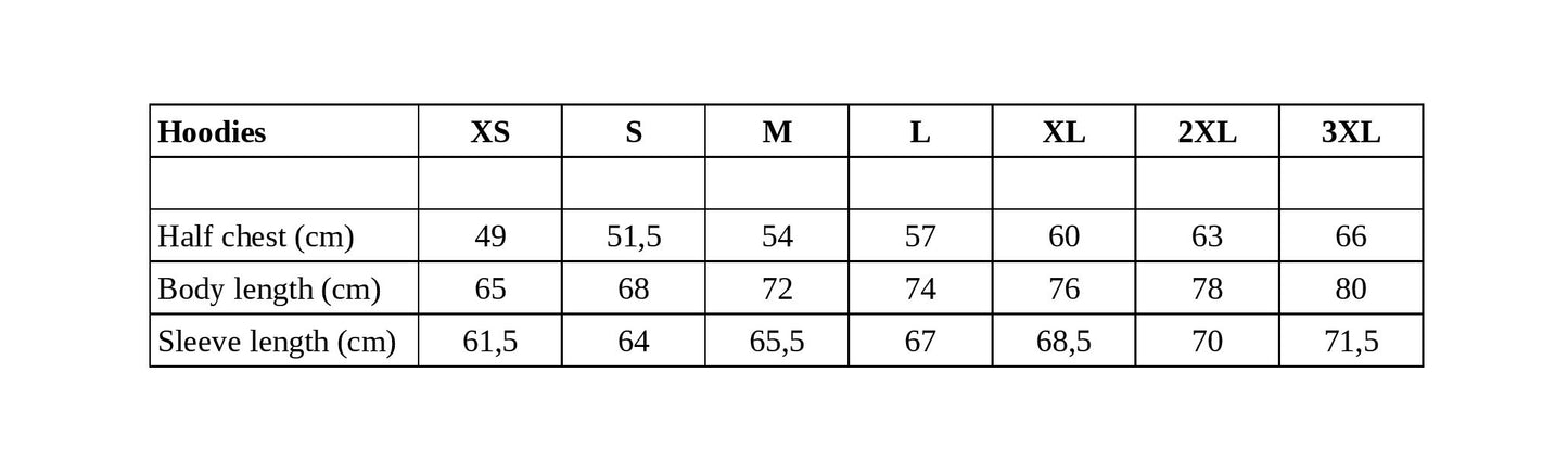 Size chart for Loud and Lethal Mythical Monsters Wendigo Poly French Terry Hoodie with measurements in centimeters