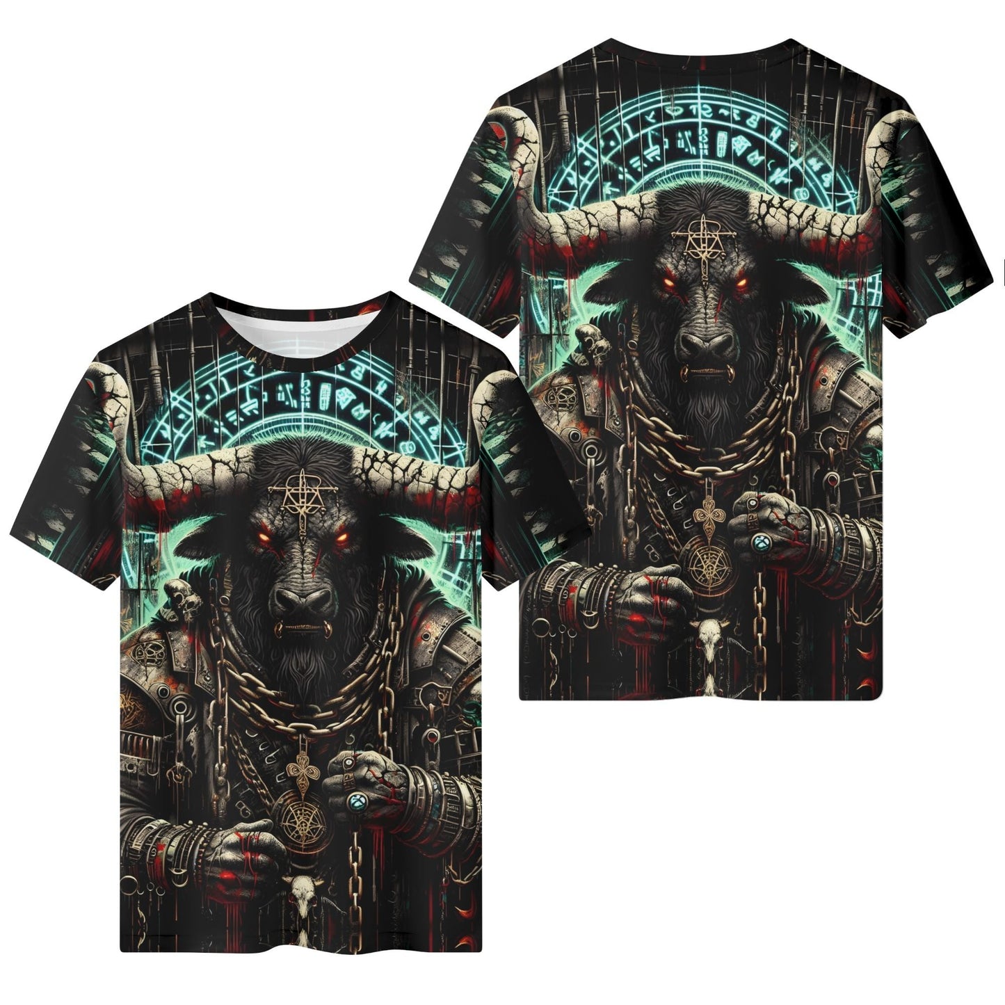 Loud and Lethal Mythical Monsters Minotaur 100 Cotton T-Shirt featuring dark horned minotaur with chains and occult sigils