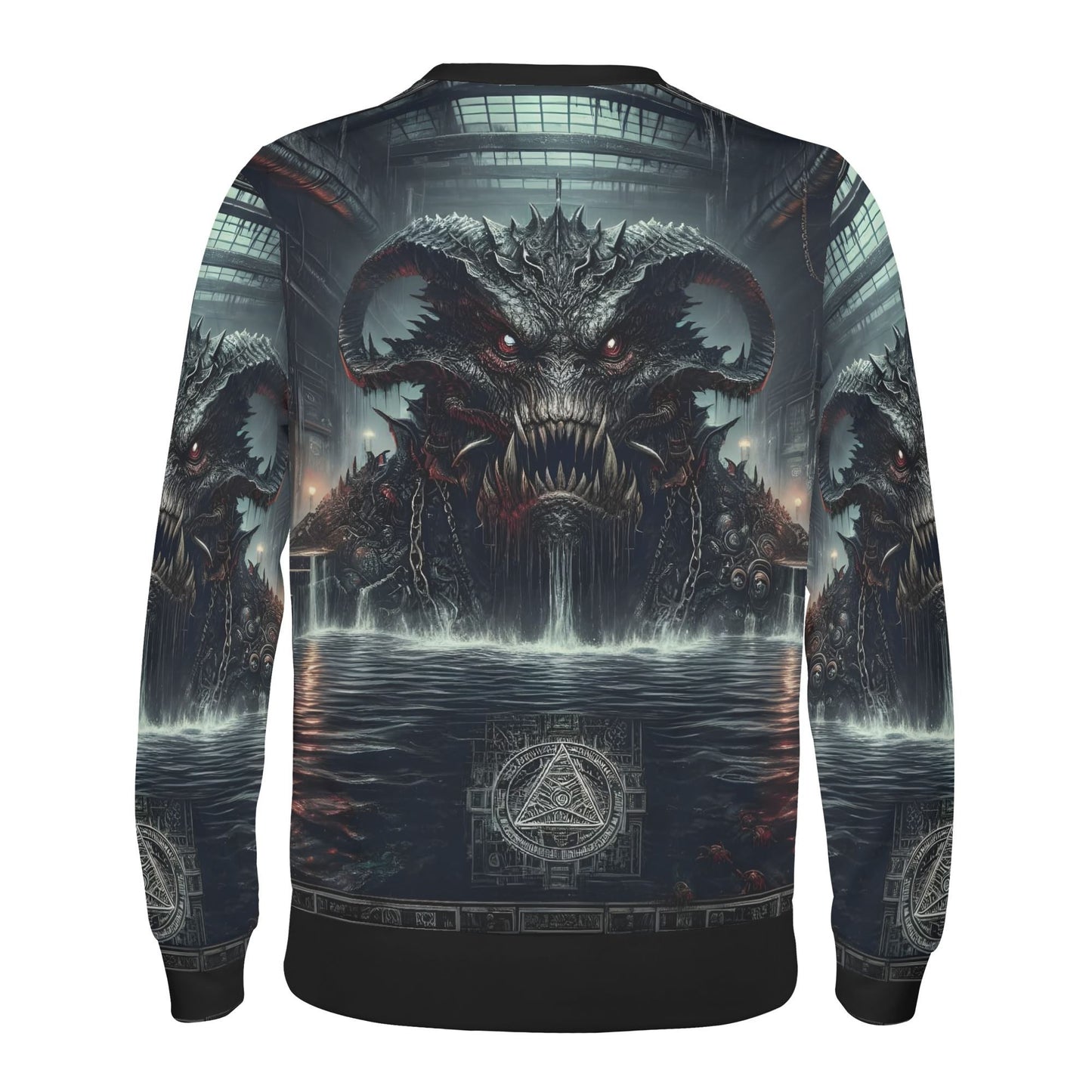 Back view Mythical Monsters Leviathan Poly French Terry Sweatshirt with demonic leviathan rising in flooded industrial hall