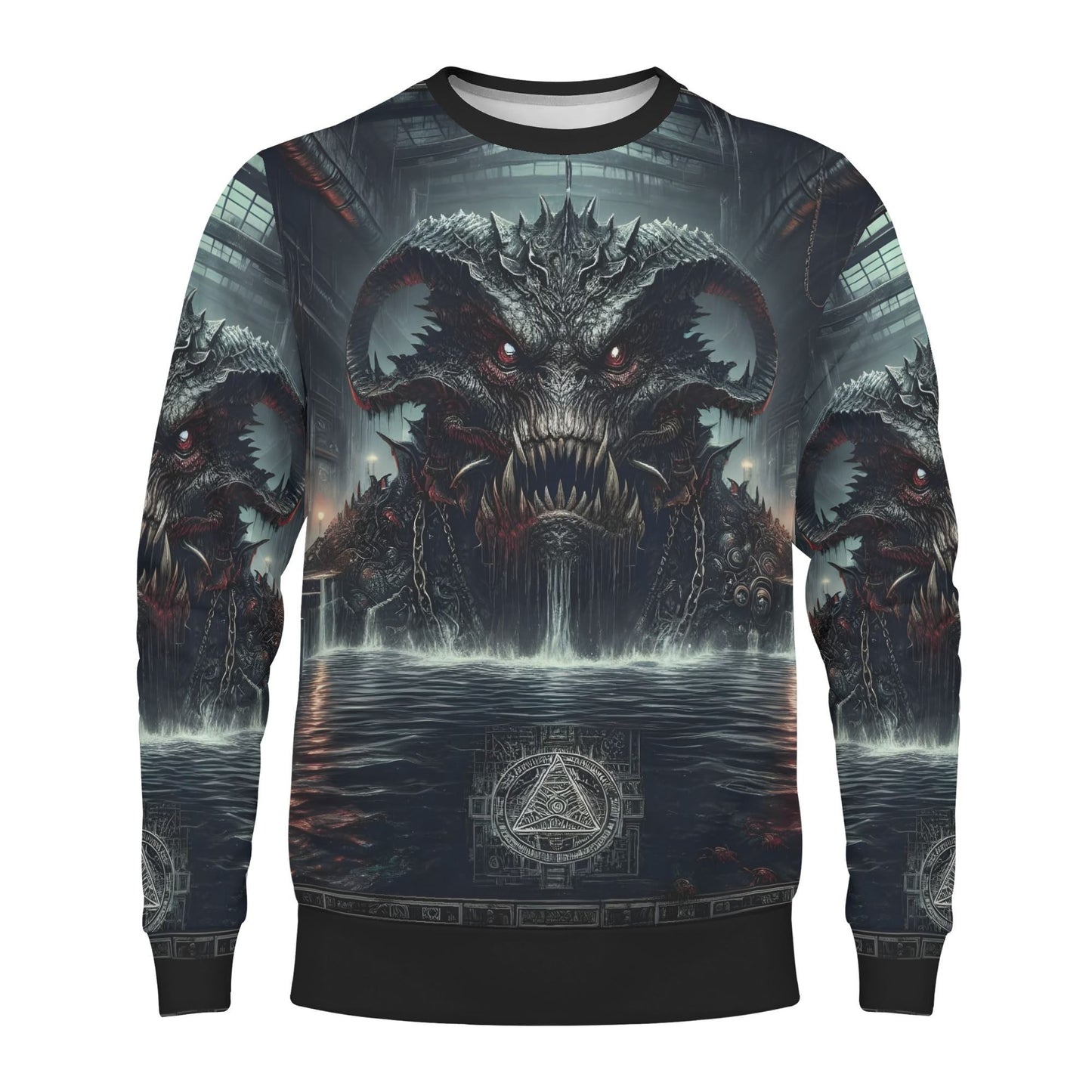 Loud and Lethal unisex sweater showing Mythical Monsters Leviathan Poly French Terry Sweatshirt art of chained sea monster