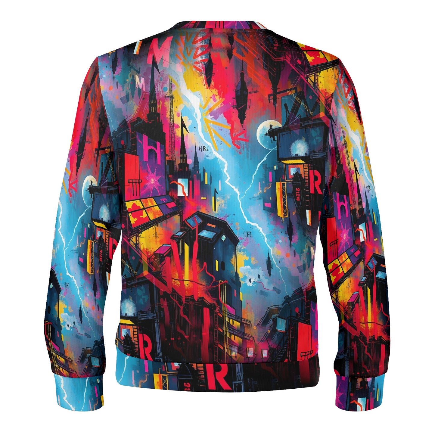Loud and Lethal unisex sweater back with neon cityscape vibrant colors and lightning Neon Dawn Poly French Terry Sweatshirt .