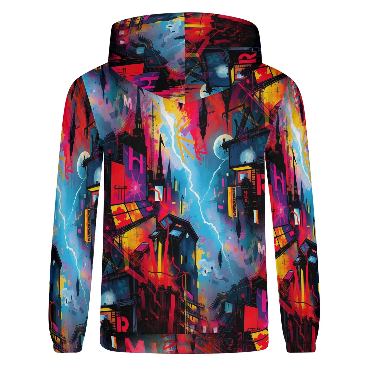 Neon Dawn Poly French Terry hoodie with vibrant cityscape design in bright neon colors for unisex wear