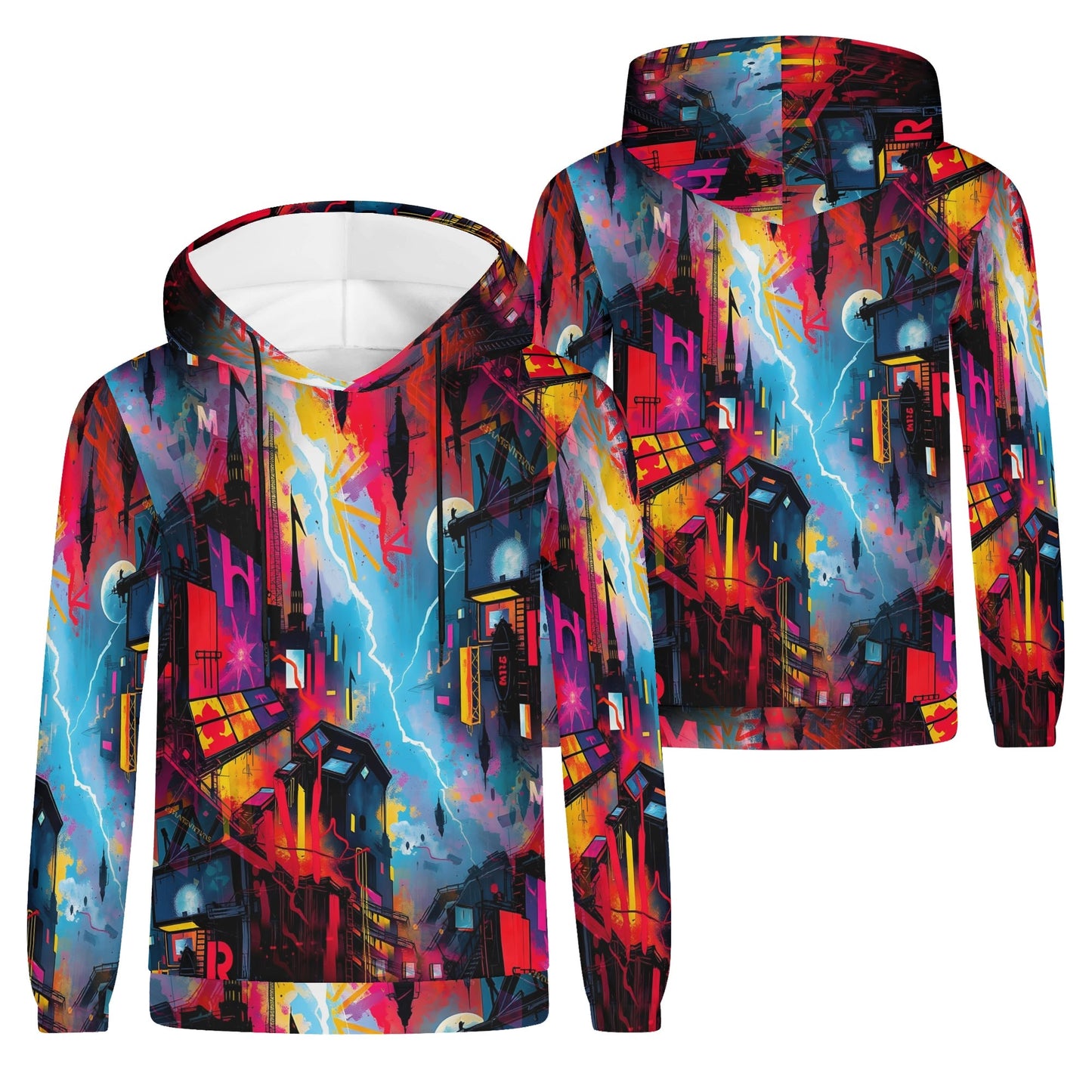 Neon Dawn Poly French Terry hoodie by Loud and Lethal with vibrant cityscape and lightning graphic design
