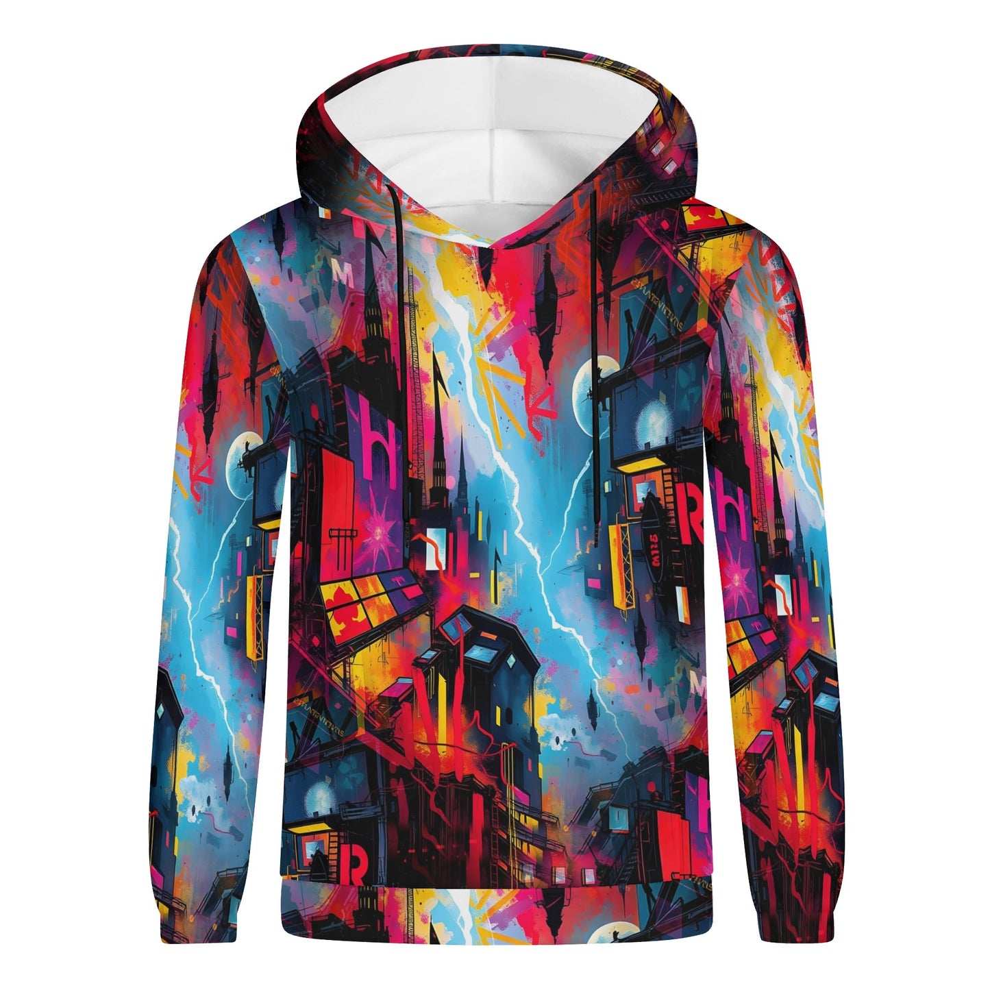 Loud and Lethal Neon Dawn Poly French Terry hoodie with vibrant neon cityscape design in unisex style