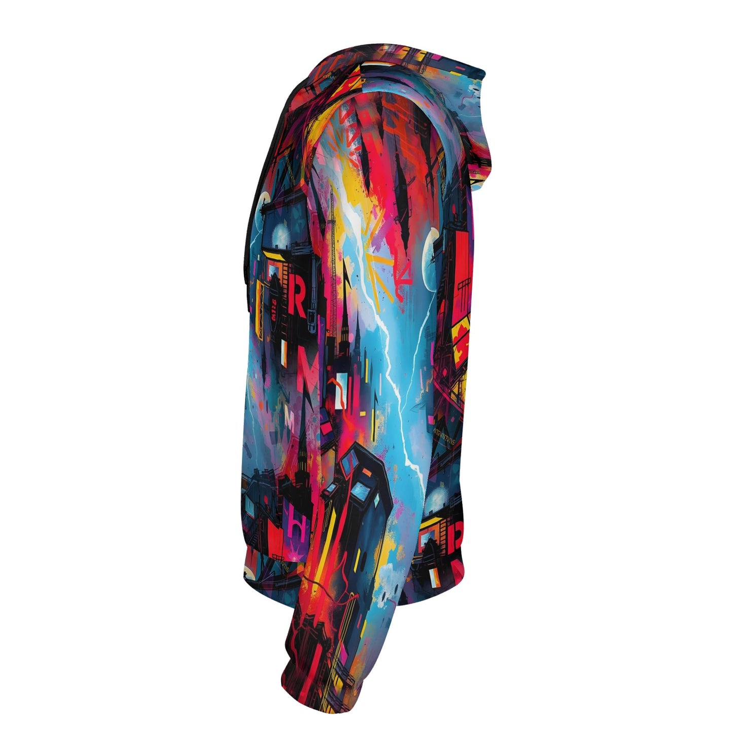 Neon Dawn Poly French Terry hoodie by Loud and Lethal in colorful abstract cityscape design side view
