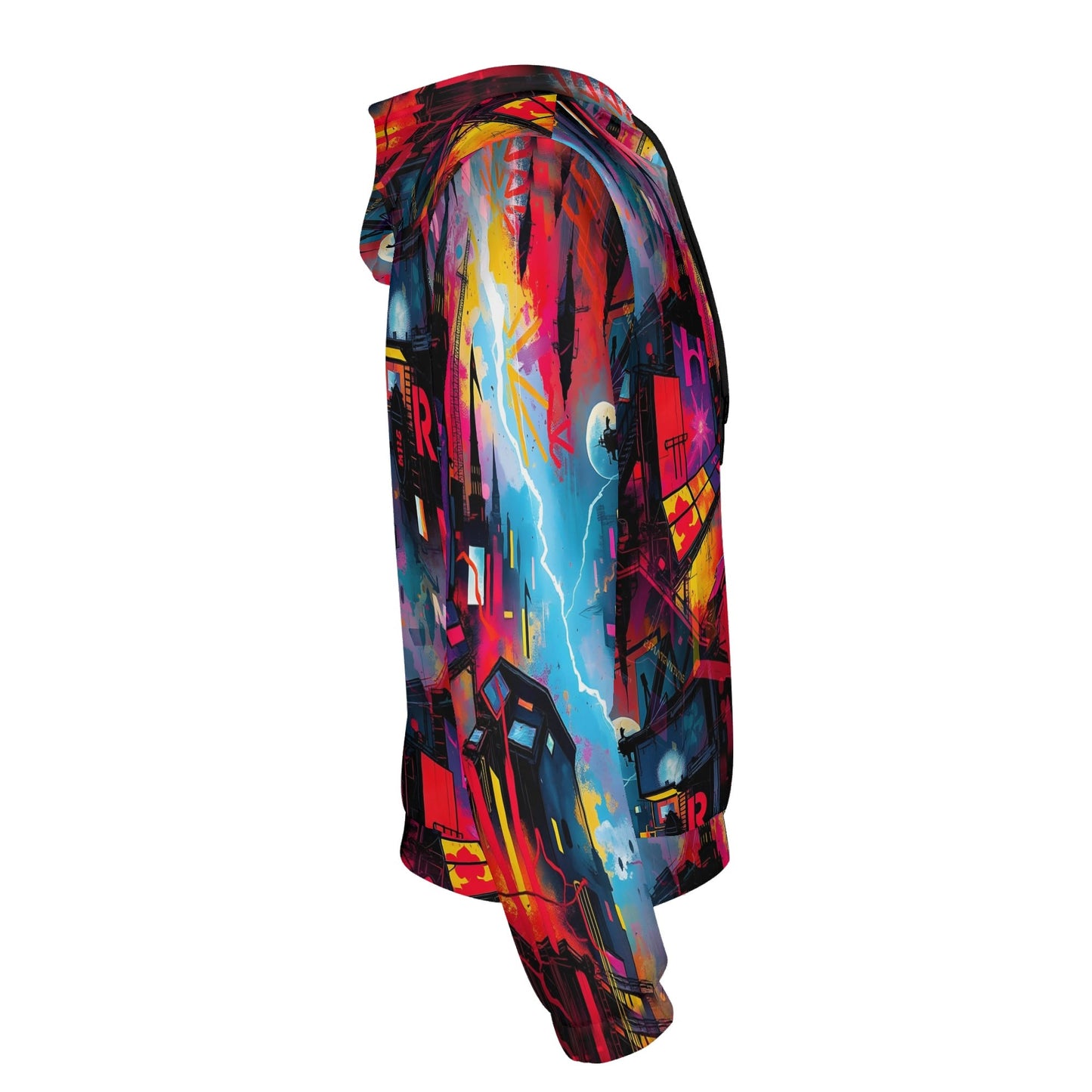 Loud and Lethal Neon Dawn Poly French Terry hoodie with vibrant red blue and yellow cityscape design